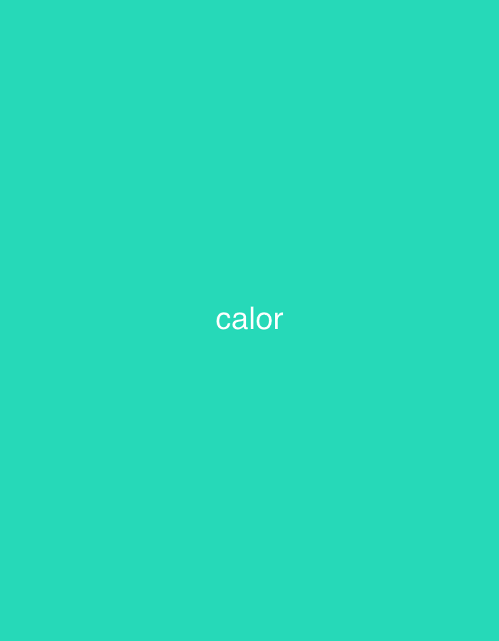 The image displays a minimalist composition featuring the word "calor" centrally placed against a solid, uniform greenish-blue background. There are no people, objects, or discernible scene elements present. The background color appears to be a vibrant teal or turquoise. The text "calor" is rendered in a clean, sans-serif font, in a light color (likely white or very light gray), providing a clear contrast against the background. There is no activity or event taking place. Notable details are limited to the color of the background and the single word displayed. There are no indications of time of day, weather, or specific location cues within the image itself. No emotions are conveyed by the image. The simplicity of the image suggests it might be a graphic design element, a title card, or a very basic visual message.