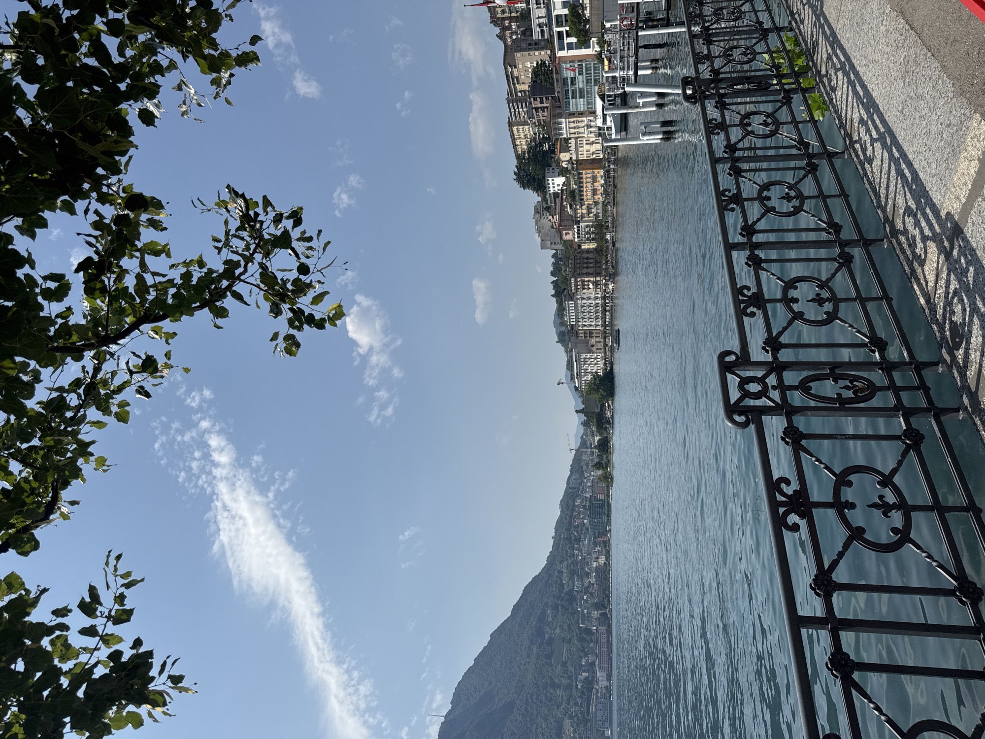 This is a vertical, eye-level shot of a lakefront promenade in Lugano, Switzerland. In the foreground, a dark, ornate metal railing runs horizontally across the frame, casting shadows on the stone walkway beneath it. The walkway is made of grey paving stones. Beyond the railing, the tranquil blue water of Lake Lugano stretches out. In the mid-ground, the picturesque shoreline of Lugano is visible, with a dense cluster of colorful buildings cascading up a lush, tree-covered mountainside. Several boats are docked at a pier on the right side of the image. The sky above is a clear, bright blue, with a few wispy white clouds and some green leaves from an overhanging tree framing the top of the image. There are no people visible in the frame. The overall scene conveys a sense of serene beauty and a popular tourist destination.
