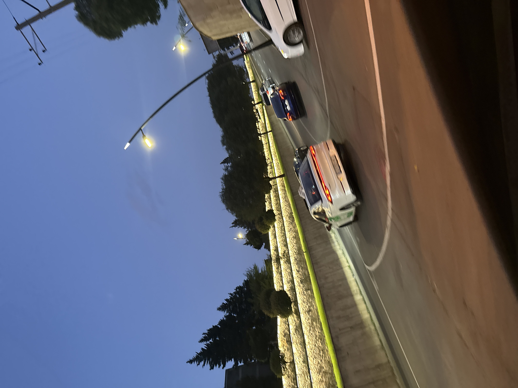 The image captures a street scene in Tbilisi, Georgia, during twilight. A white sedan, possibly a taxi due to its markings, is in the foreground, turning on a road. Behind it, a dark blue car is also visible, following the same curve. Further down the road, another white car and a light-colored SUV are driving. The road itself is a curved asphalt surface with white lane markings. To the left of the road, a terraced hillside is illuminated by warm lights, with trees and greenery planted on the terraces. A concrete barrier separates the road from the hillside. In the background, silhouetted trees and buildings are visible against the dusky blue sky, punctuated by streetlights and utility poles. The perspective suggests the photo was taken from a moving vehicle, likely looking out the side window.