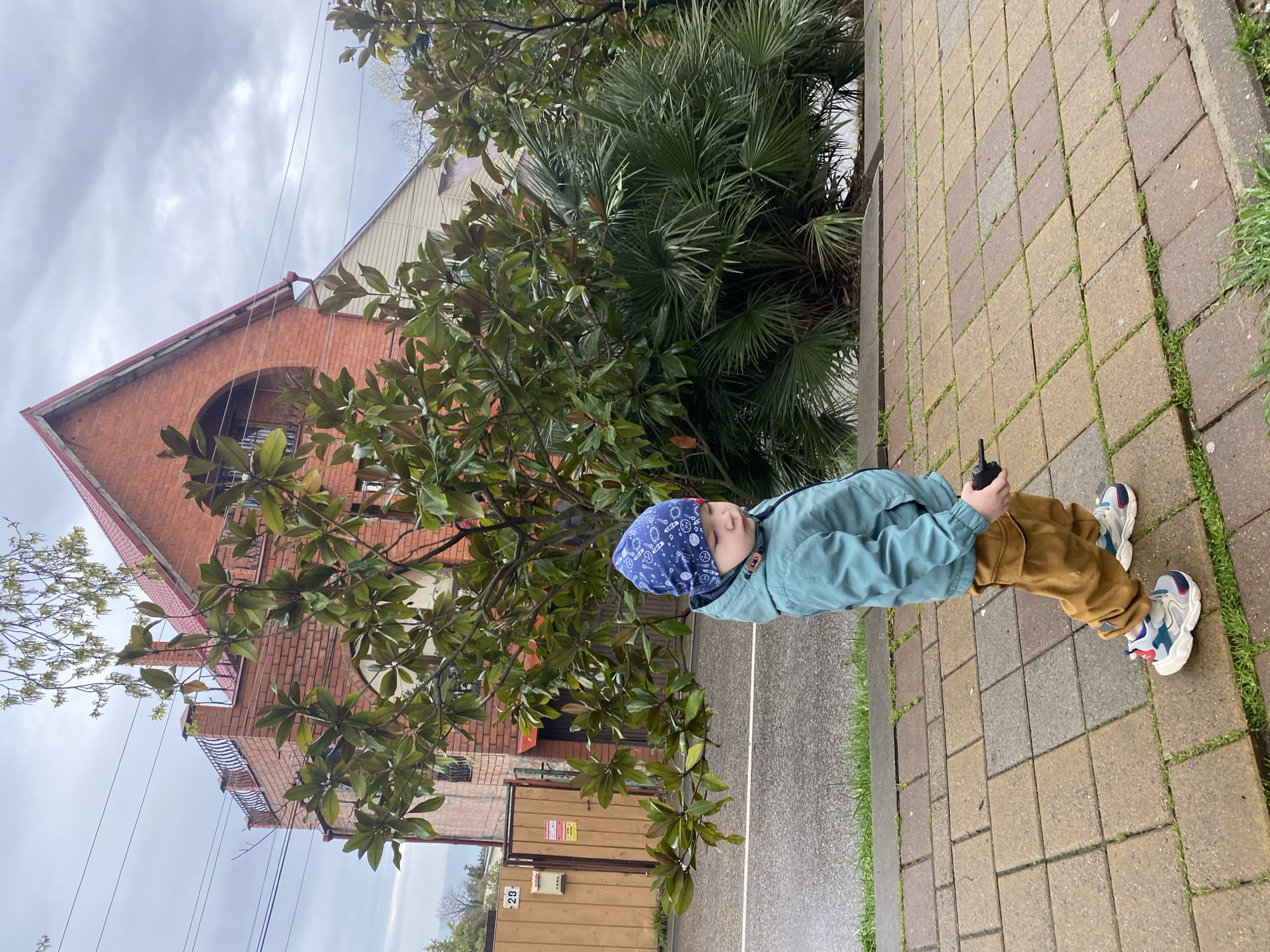 A young boy stands on a cobblestone sidewalk in Sochi, Russia. He wears a blue jacket, brown pants, and colorful sneakers, along with a blue patterned head covering. In his hand, he holds a small, dark object. Behind him is a building constructed of red brick and yellow siding, partially obscured by leafy trees and palm trees. The weather appears overcast. A wooden fence is visible in the foreground, and power lines stretch across the sky.