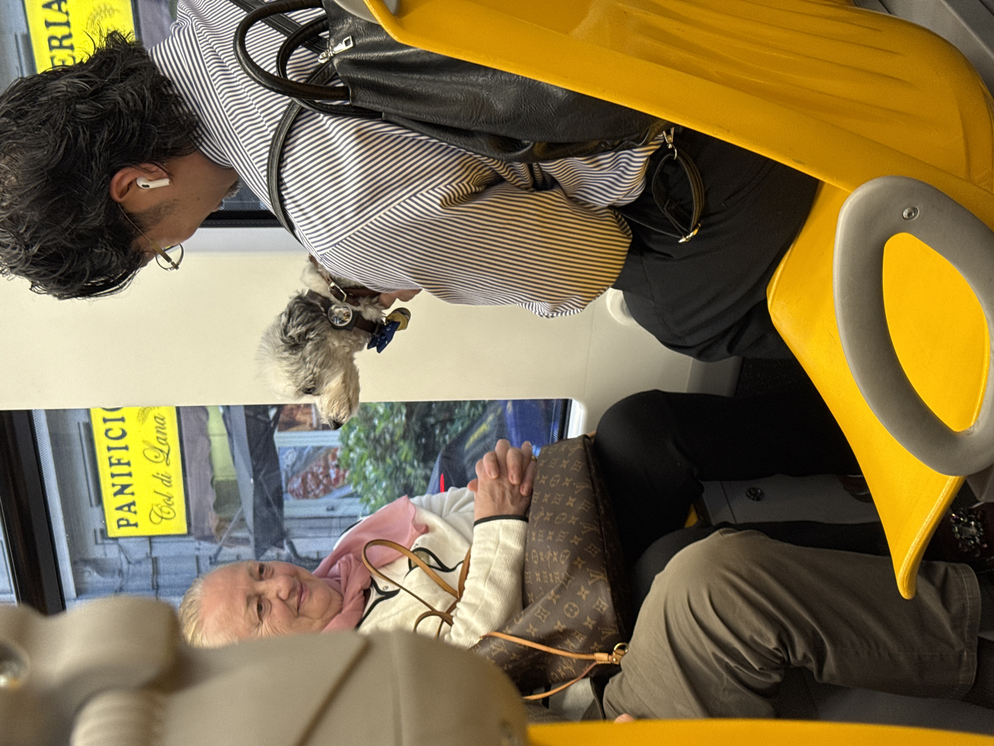 Inside a public transport vehicle in Milan, Italy, a woman with short, wavy, dark hair and glasses, wearing a striped shirt and black pants, sits beside a yellow seat and holds a small dog with a blue bow tie. Across the aisle, an older woman with short blond hair, wearing a white sweater with a pink scarf, sits beside a Louis Vuitton purse. Through the window, a sign for "PANIFICIO Col di Lana" is visible.