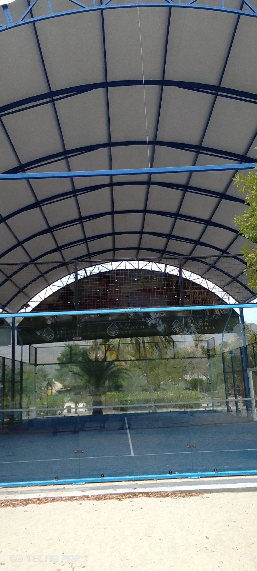 The image shows a covered paddle tennis court, likely located in Pedro González, Venezuela. The court is surrounded by glass walls and has a blue playing surface. The cover is a metal framework with a white or light-colored material stretched across it. There are trees and vegetation visible behind the court. There is a sign with the text, “THE ESSENTIAL BEAUTY SPA” and “ESSENTIAL BOUTIQUE” along the top of the court wall. The foreground shows a sandy or gritty area with fallen leaves. The image quality is somewhat low.