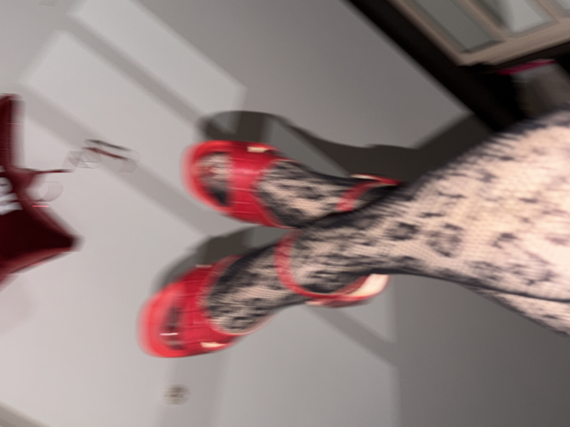 The image shows a person's legs wearing black fishnet tights and red, open-toe high heels. A red balloon is visible in the background. The background appears to be a room with gray walls and a window frame. There is no information to identify the location as Izhevsk, Russia.
