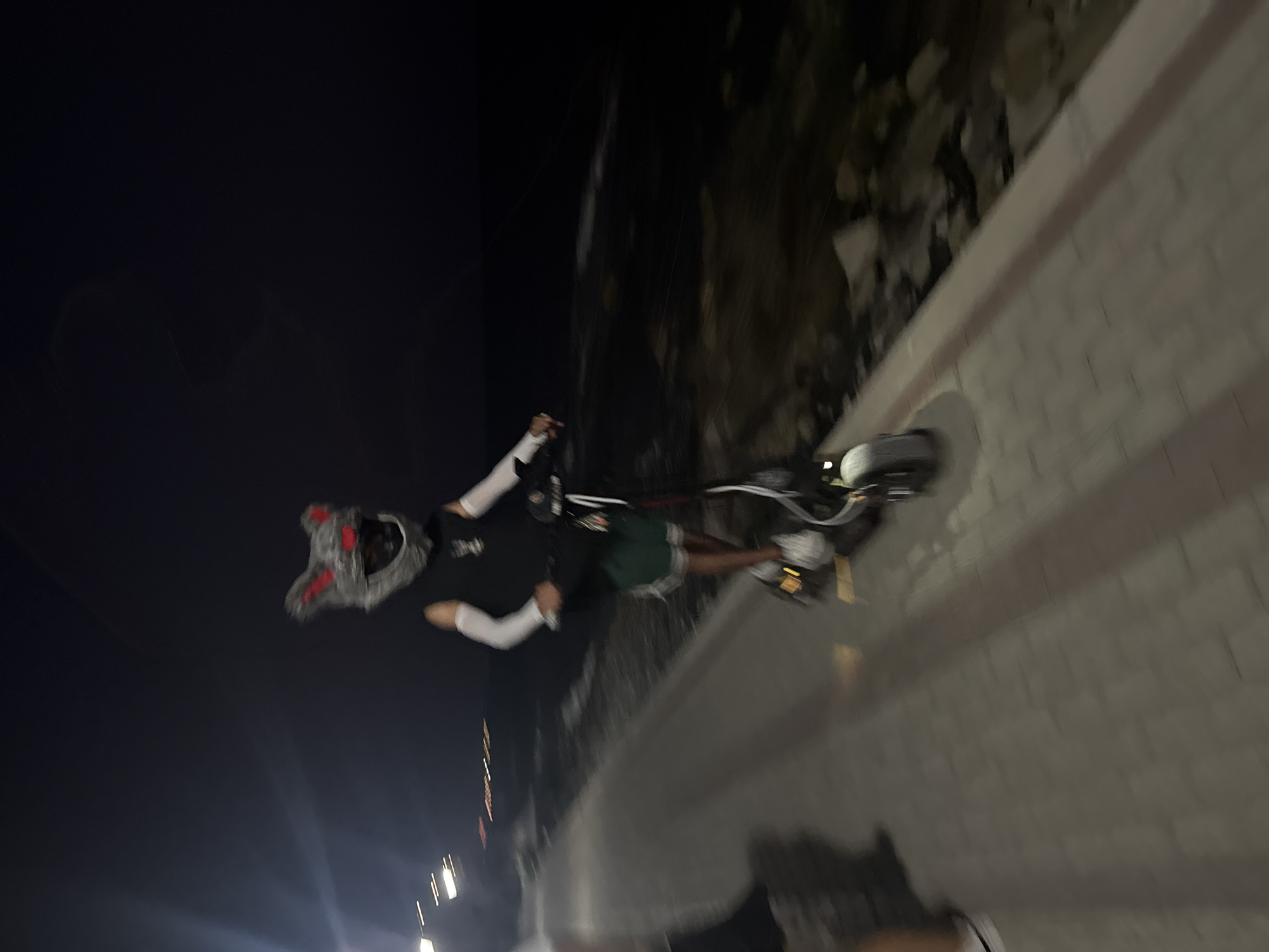 A person wearing a wolf mask is riding an electric scooter along a paved walkway next to a body of water at night. The person is wearing a black sleeveless shirt, green shorts, white arm sleeves, and white sneakers. The scooter is black and has lights. The walkway is made of grey pavers. In the background, there are distant lights visible along the coastline. The sea is dark and appears to have some rocks or debris along its edge. The overall scene is blurred due to motion. The location is Agios Tychona Community, Cyprus.