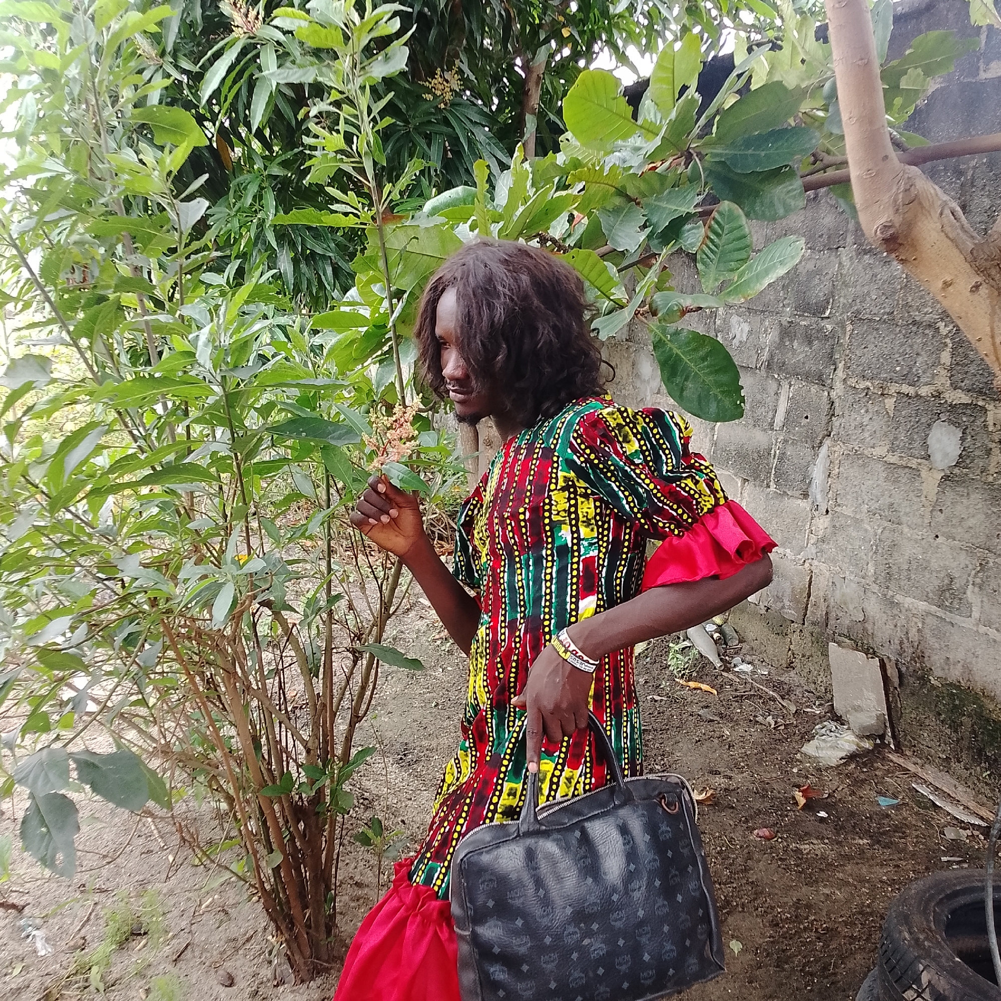 A full-body shot captures a person wearing a colorful, patterned dress and holding a black handbag while standing outdoors. The person, who appears to be male with long, dark, curly hair, is looking to the left and touching a flowering plant with their right hand. The dress features a vibrant design with vertical stripes of red, green, yellow, and black, accented with yellow dots. The sleeves are ruffled with red fabric, and a red ruffle is also visible at the hem of the dress. A bracelet with white and red beads adorns the person's left wrist. The black handbag, held in the person's left hand, has a repeating logo pattern.
The environment suggests an outdoor setting, possibly a yard or garden. Lush green foliage from trees and bushes surrounds the person, with a grey brick wall visible in the background. The ground is covered in dirt and sand, with some scattered debris, including leaves, a plastic bottle, and part of a tire. The lighting indicates it is daytime, with soft shadows suggesting diffused sunlight. The scene is likely located in a tropical or subtropical region given the vegetation. Without more specific visual cues, pinpointing the exact location in Ado, Nigeria, is not possible, but the overall setting aligns with common outdoor environments in such regions.