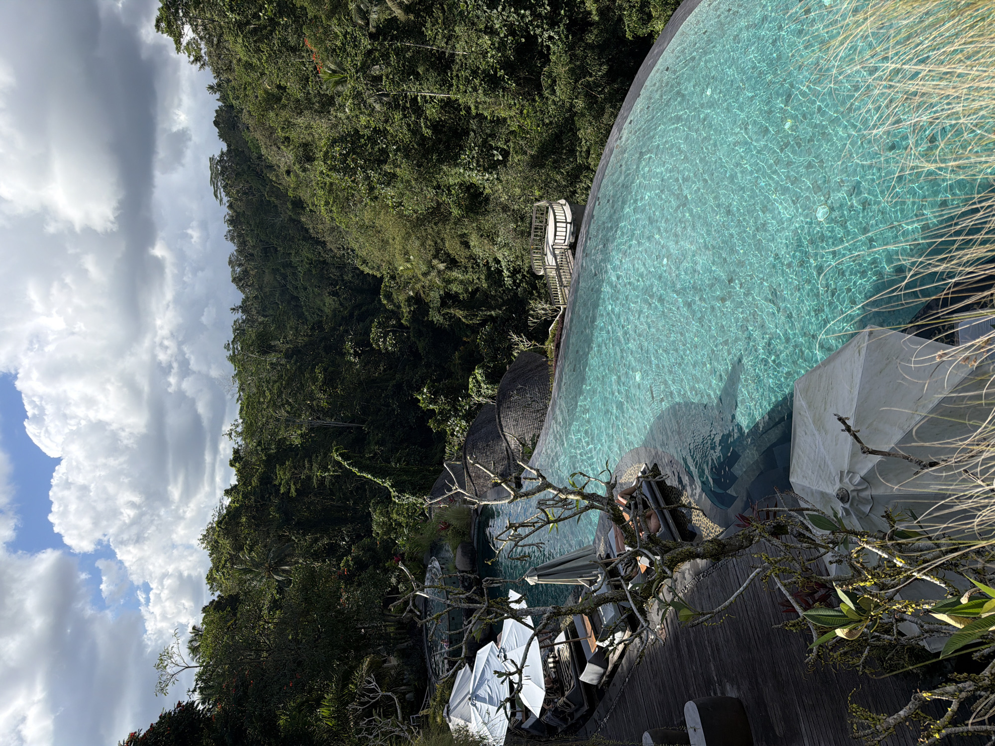 This image captures a scenic infinity pool nestled within a lush, tropical jungle landscape in Tegallalang, Indonesia. The pool itself is a vibrant turquoise, with sunlight creating shimmering patterns on its surface. In the foreground, a wooden deck provides access to lounge chairs, some of which are occupied by individuals relaxing under white umbrellas. A bare, artistic tree branches out in front of the pool, adding a natural element to the scene. Beyond the pool, the dense jungle foliage creates a dramatic backdrop, with rolling hills and a valley stretching into the distance. The sky above is partly cloudy, with patches of blue peeking through. The overall impression is one of serene luxury and immersion in nature.