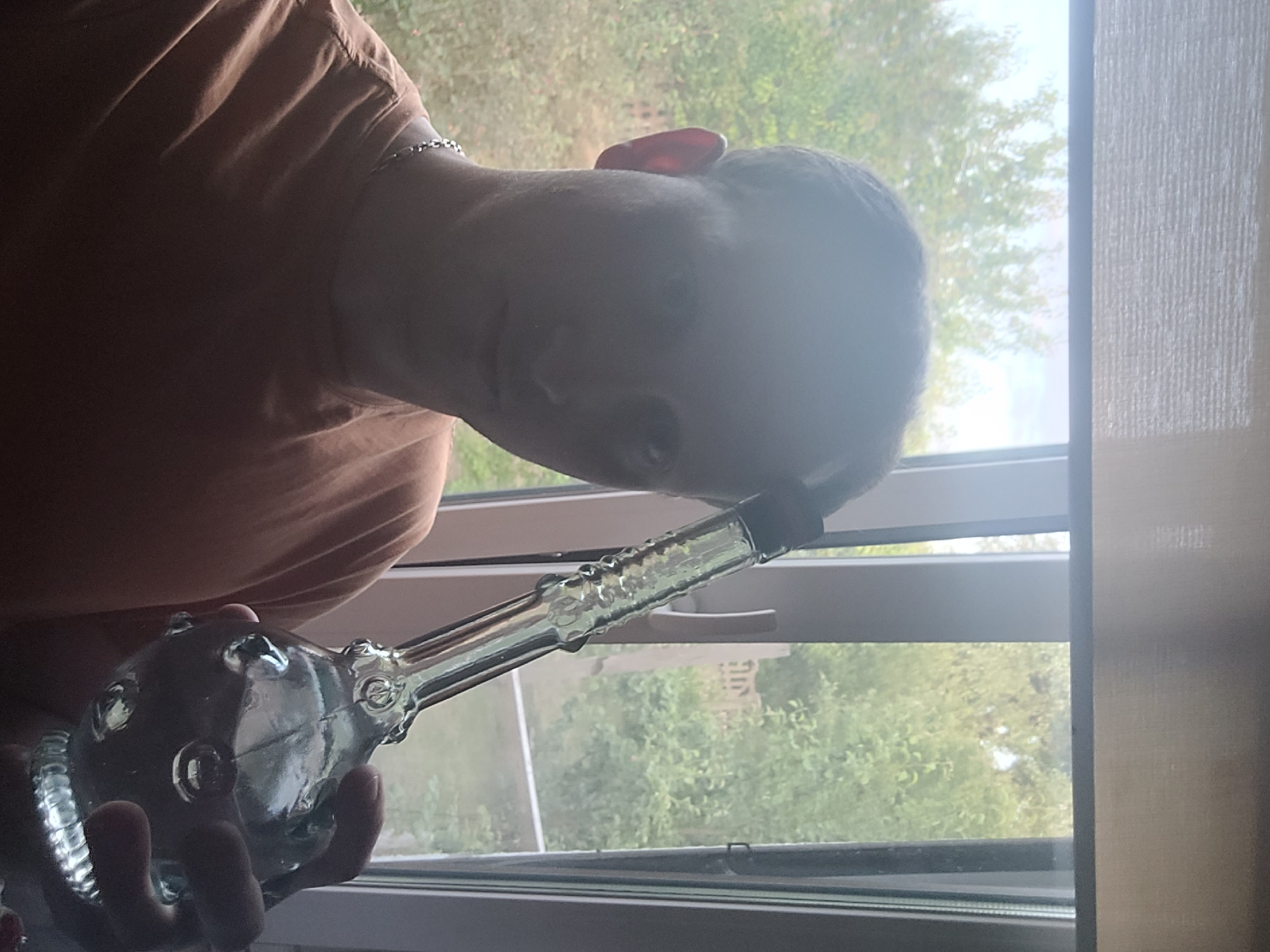 A man, wearing a brown t-shirt and a silver chain, is holding a glass bong in front of a window with trees and foliage visible outside. The man's face is partially obscured by the bong and shadows. The bong has a bulbous base and a long, ribbed neck. The lighting suggests it is daytime.
