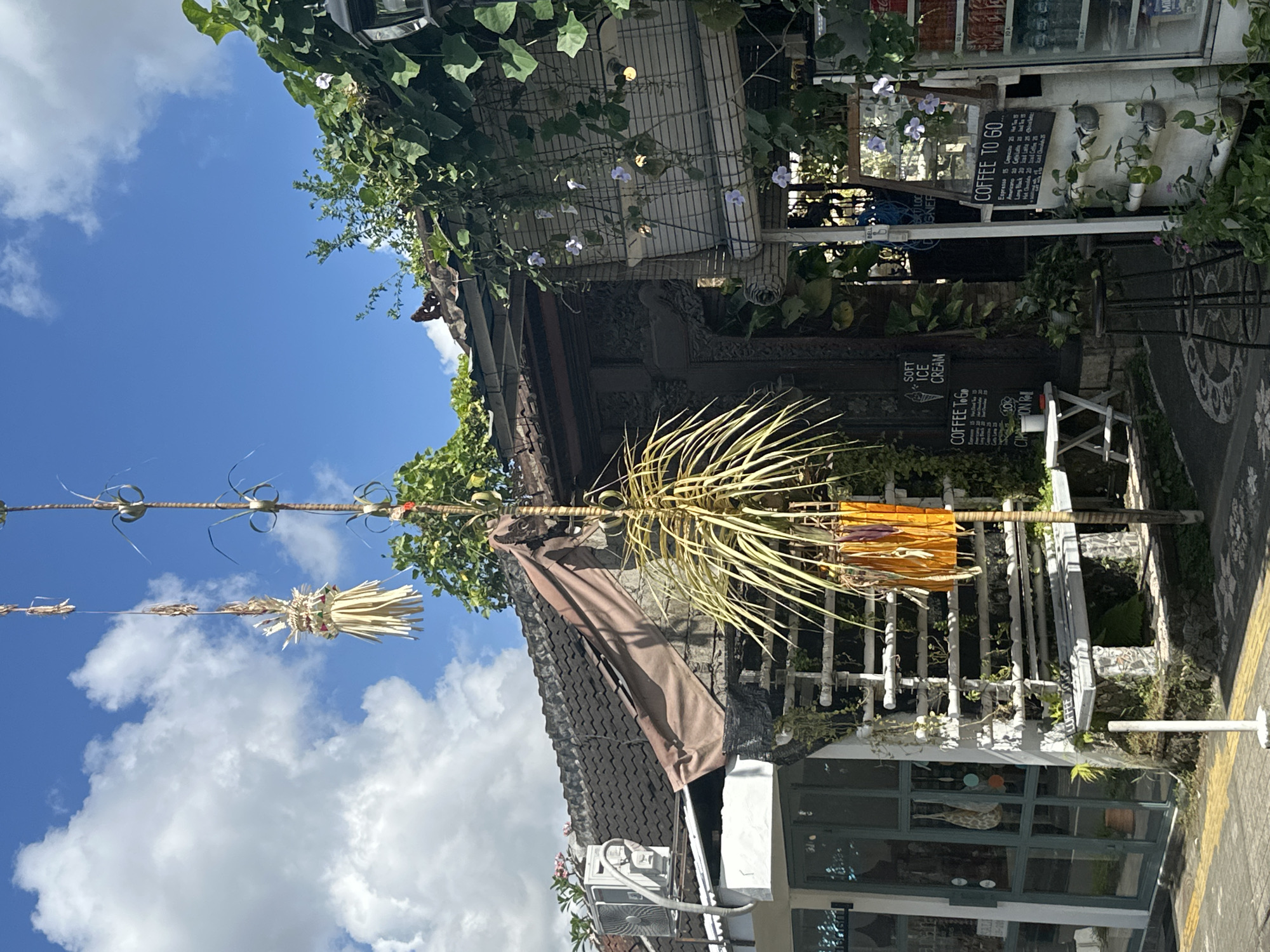 This is a street-level, medium shot of a building facade in Ubud District, Indonesia, under a bright, partly cloudy sky. The building appears to be a shop or cafe with a traditional Balinese architectural style, featuring dark tiled roofs and ornate wooden carvings. Lush green vegetation, including vines and flowering plants, cascades over parts of the building and a covered walkway.
Hanging from a vertical pole in the foreground, several traditional Balinese decorations, known as "penjor," are visible. These are made from woven natural materials like straw and bamboo, adorned with colorful fabrics and leaves. One particularly large penjor hangs prominently in the center, with a smaller one further up and another to the left, partially obscured by foliage.
To the left of the central penjor is a glass-fronted shop with a white frame, revealing interior shelves and items. A small, white outdoor table sits to the right of the shop entrance.
To the right of the central penjor, there is a section of the building that appears to be a cafe or coffee stand. Signs advertising "COFFEE TO GO" and "SOFT ICE CREAM" are mounted on the wall. The outdoor seating area includes a wooden stool and a small table with a white foldable top. The wall behind the coffee stand is adorned with a white rack holding small potted plants. Further to the right, a refrigerated display case stocked with drinks is visible.
The ground in front of the building is paved with a mix of grey and yellow tiles, with a circular mosaic pattern visible near the cafe area. The overall atmosphere is tropical and vibrant, suggesting a popular tourist destination. No people are visible in the image.