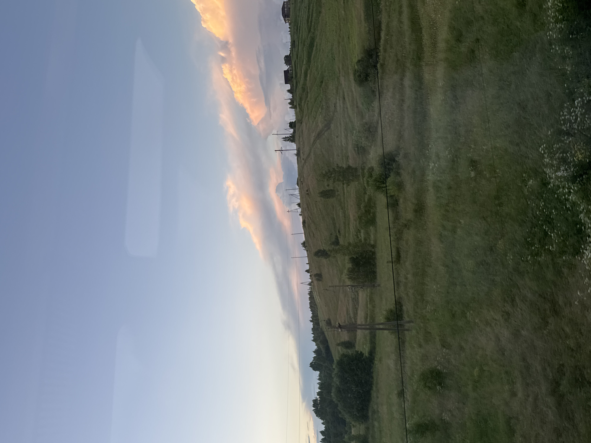 This is a photograph taken in Babilovo, Russia, at a time when the sun is low in the sky, casting a soft glow on the landscape. The image depicts a rolling, grassy hill under a pale blue sky. Scattered across the hill are a few scattered trees and some buildings that appear to be houses. Several utility poles with power lines are also visible, traversing the scene. The clouds are tinged with pink and orange hues, indicating either sunrise or sunset. The foreground is dominated by tall, green grass, with some smaller white wildflowers interspersed throughout. The overall impression is one of a rural, open landscape. There are no people or animals visible in the frame.