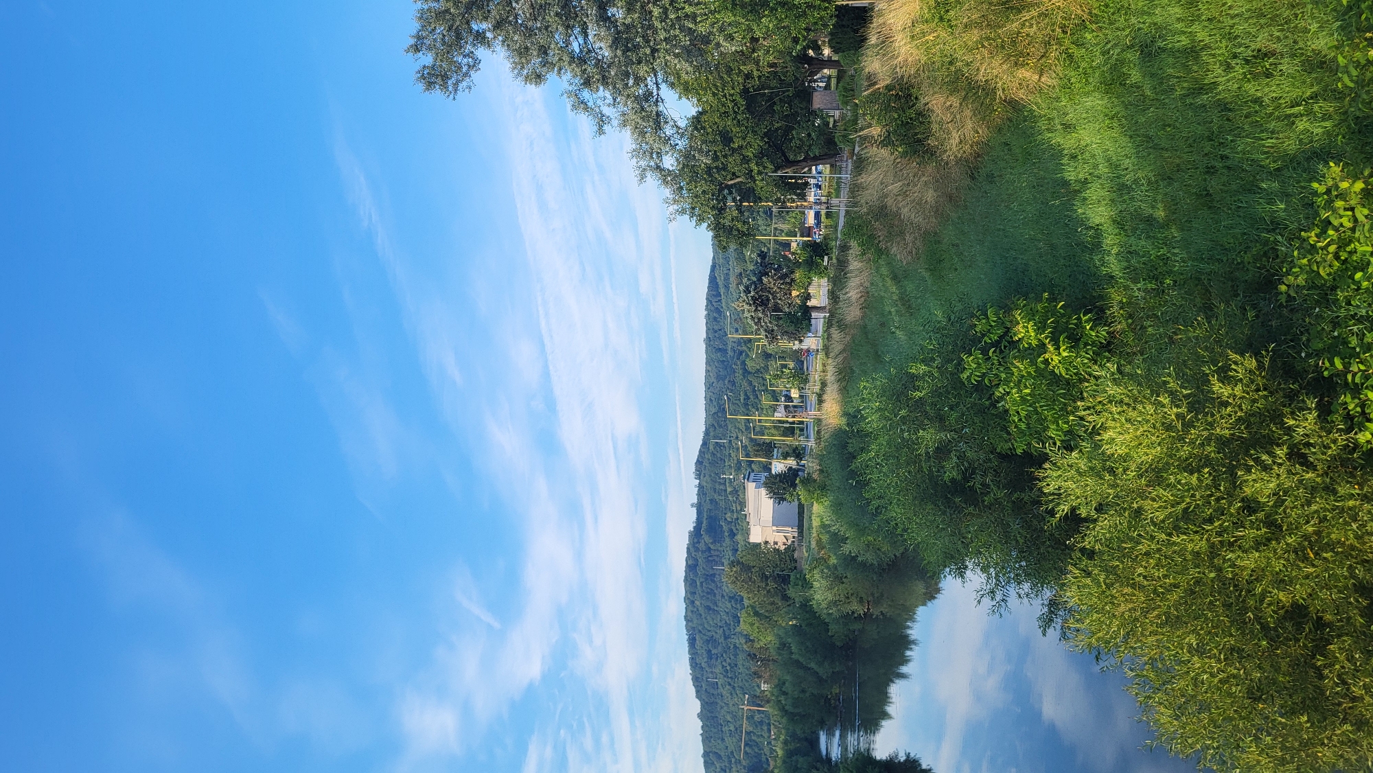 The image captures a scenic view along the Torysa River in Prešov, Slovakia, on a clear day with a bright blue sky and scattered wispy clouds. The river occupies the left side of the frame, reflecting the sky and surrounding lush greenery. Dense vegetation, including trees and shrubs, lines the riverbanks and extends up the gentle slope towards a road.
Along the road, several modern buildings are visible, including a white, rectangular structure that appears to be a commercial or public building. Yellow lampposts are spaced along the roadside, suggesting an urban or semi-urban environment. In the background, a large, tree-covered hill forms the horizon. The overall impression is one of a harmonious blend of nature and development, with the natural landscape dominating the scene. There are no people visible in the image. The scene appears to be set in the late afternoon, given the warm lighting and long shadows.