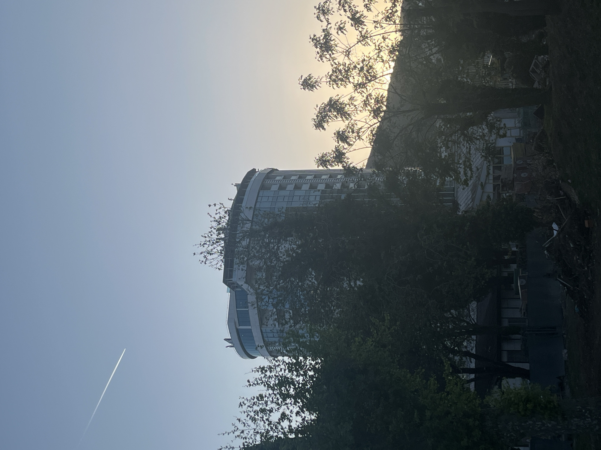 This vertically rotated image captures a modern, multi-story building partially obscured by dense, dark green foliage, set against a bright sky in Budva, Montenegro. The building, likely a hotel or residential complex, features a distinctive curved or cylindrical upper section with numerous glass windows and balconies, indicative of contemporary architecture. Its facade appears light-colored, possibly white or light gray.
The foreground and midground are filled with lush trees and bushes, creating dark silhouettes that frame and partially conceal the structure. The perspective looks upward, through the leafy branches towards the building and the expansive sky.
The sky displays a soft gradient, transitioning from a light, almost white-yellow tone near the horizon to a pale blue overhead. This illumination suggests either early morning or late afternoon, with the sun low in the sky, casting a gentle, slightly backlit effect on the trees. A single, thin white airplane contrail is visible in the upper left quadrant of the blue sky. No people are present, and no specific activity is occurring. The scene conveys a sense of peaceful urban landscape where modern design meets natural greenery. No visible text is discernable in the image.
