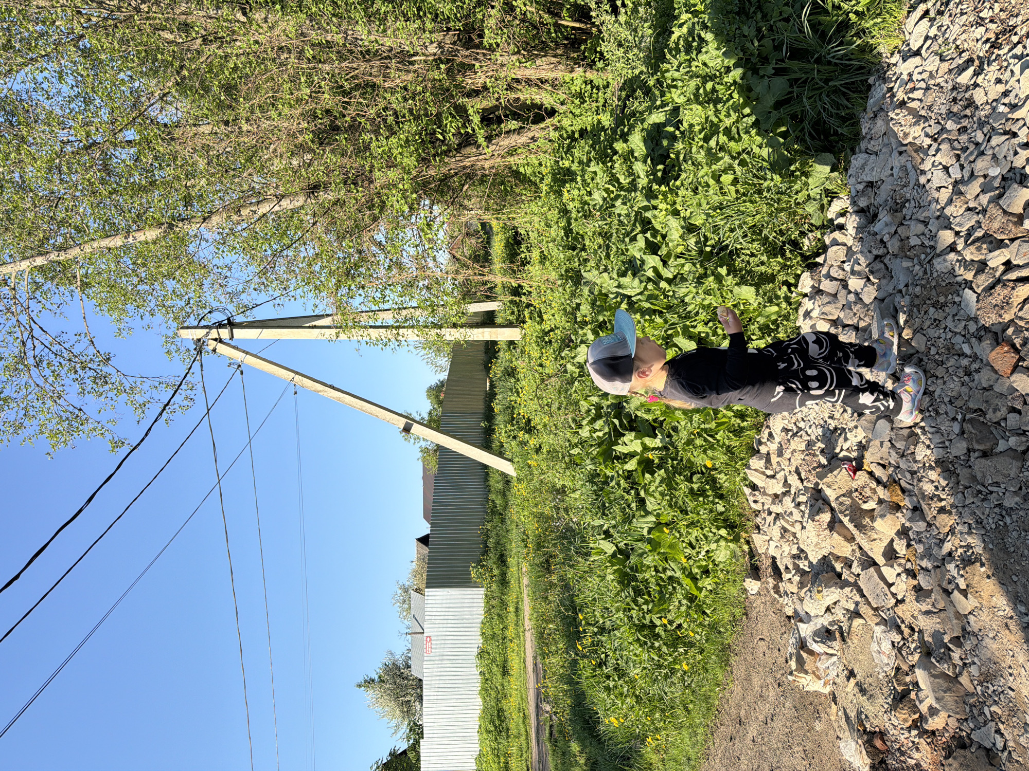The image depicts a young child standing on a pile of rocks or rubble in an outdoor setting. The child is wearing a dark-colored top, black and white patterned pants, and a baseball cap. To the left of the child is a patch of green vegetation, possibly weeds or grass. Adjacent to the rocks is a dirt path or roadway. In the background, there is a metal fence running along the edge of a property, as well as utility poles with wires extending across the scene. The sky is clear and blue. Based on the visual elements, it is likely that the location is somewhere on the outskirts of the city, possibly near a construction site or undeveloped area. Without any more information, it is challenging to ascertain the exact place in Chaikovsky, Russia, with certainty.