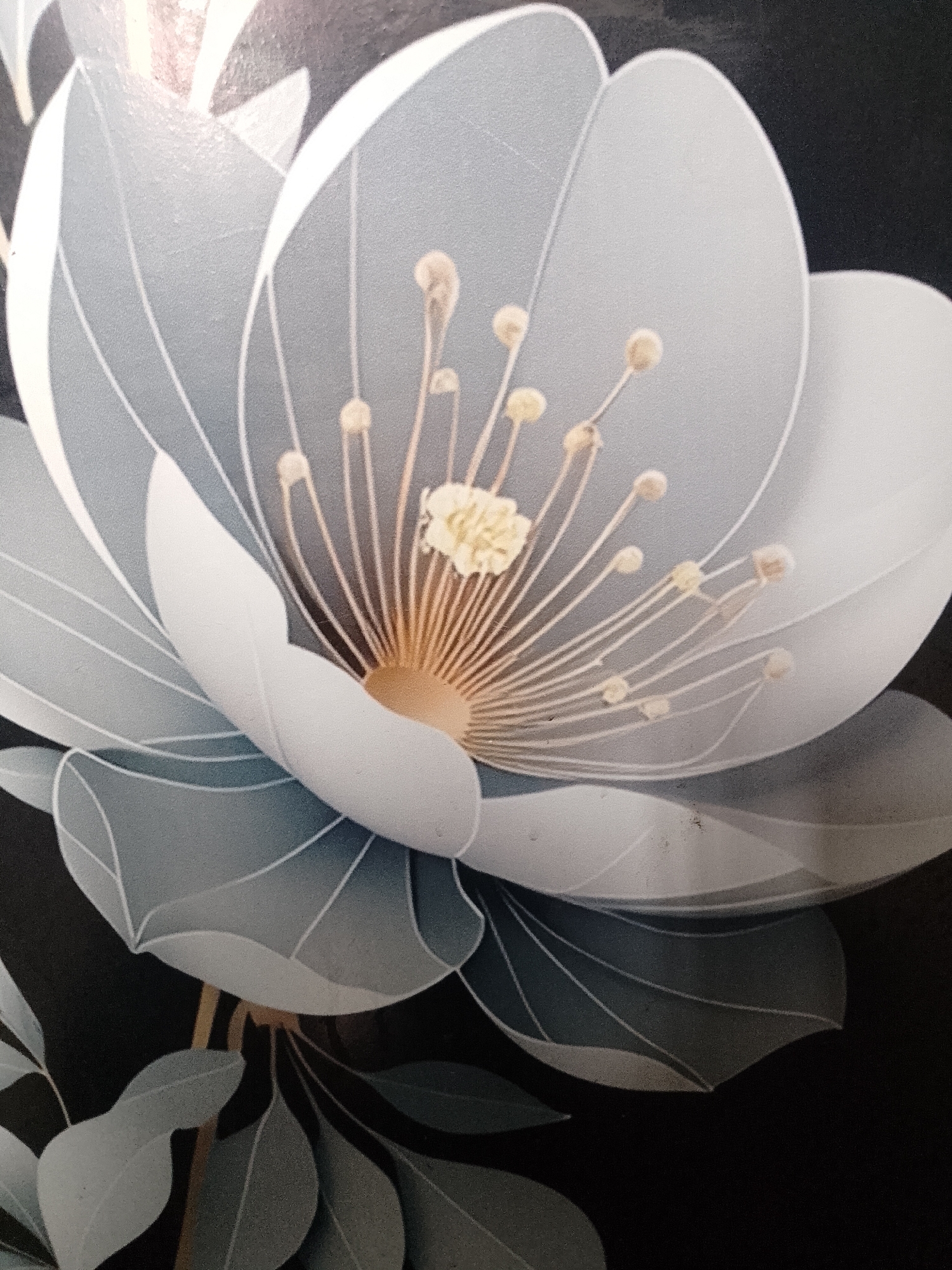 The image is a close-up, overhead shot of a stylized floral design, likely wallpaper or a printed fabric. The design features a large, white and pale blue flower with delicate, radiating stamens in a yellowish-orange hue. The petals are depicted with thin, white outlines and shaded with gradients of pale blue and grey. In the lower portion of the image, several leaves, also rendered in shades of grey and blue with white outlines, are visible, some appearing to emerge from a thin, golden stem. The background is a solid, dark black. There are no people or identifiable objects from Lhokseumawe, Indonesia, visible in this image.