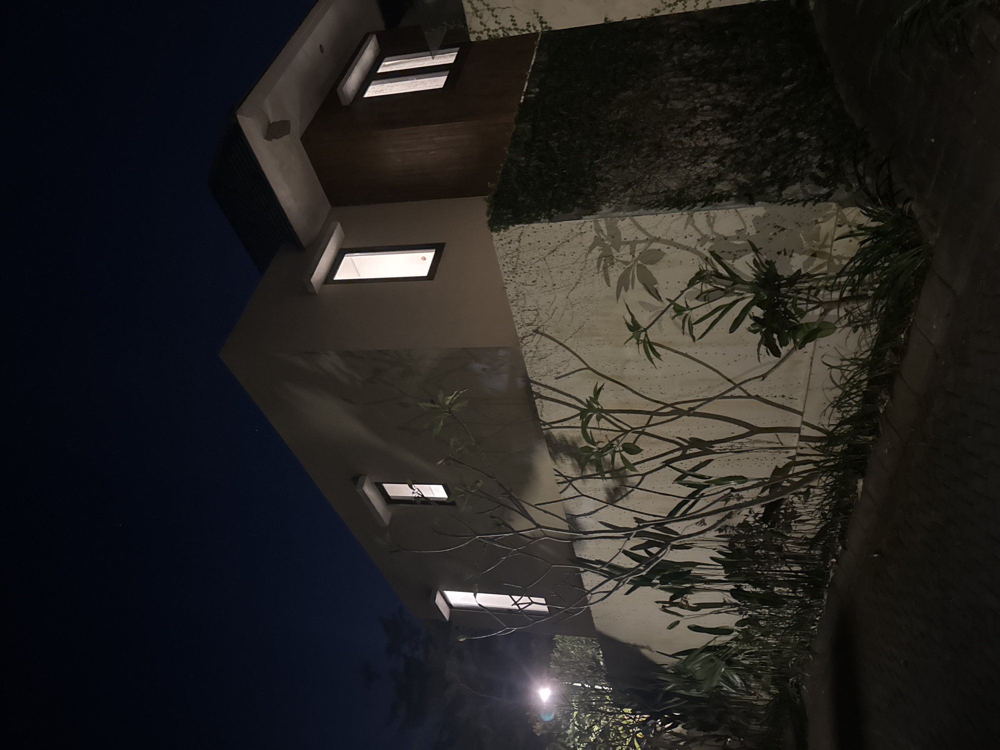 Captured at night in Kuta Selatan, Indonesia, the image presents a low-angle view of a multi-story building. The building has a minimalist architectural style, featuring rectangular windows emitting warm light against a backdrop of the night sky. Its exterior is characterized by a combination of smooth, light-colored walls and sections covered in dense, green foliage. Vines and leafy plants are also visible, obscuring parts of the building's facade and the surrounding area. A paved pathway borders the structure on one side, suggesting a residential or commercial space with attention to landscaping. The sky is a deep blue, indicative of the evening hours, with a few visible stars adding to the nocturnal ambiance. A streetlight or similar source casts a soft glow near the base of the building, highlighting the vegetation in the foreground.