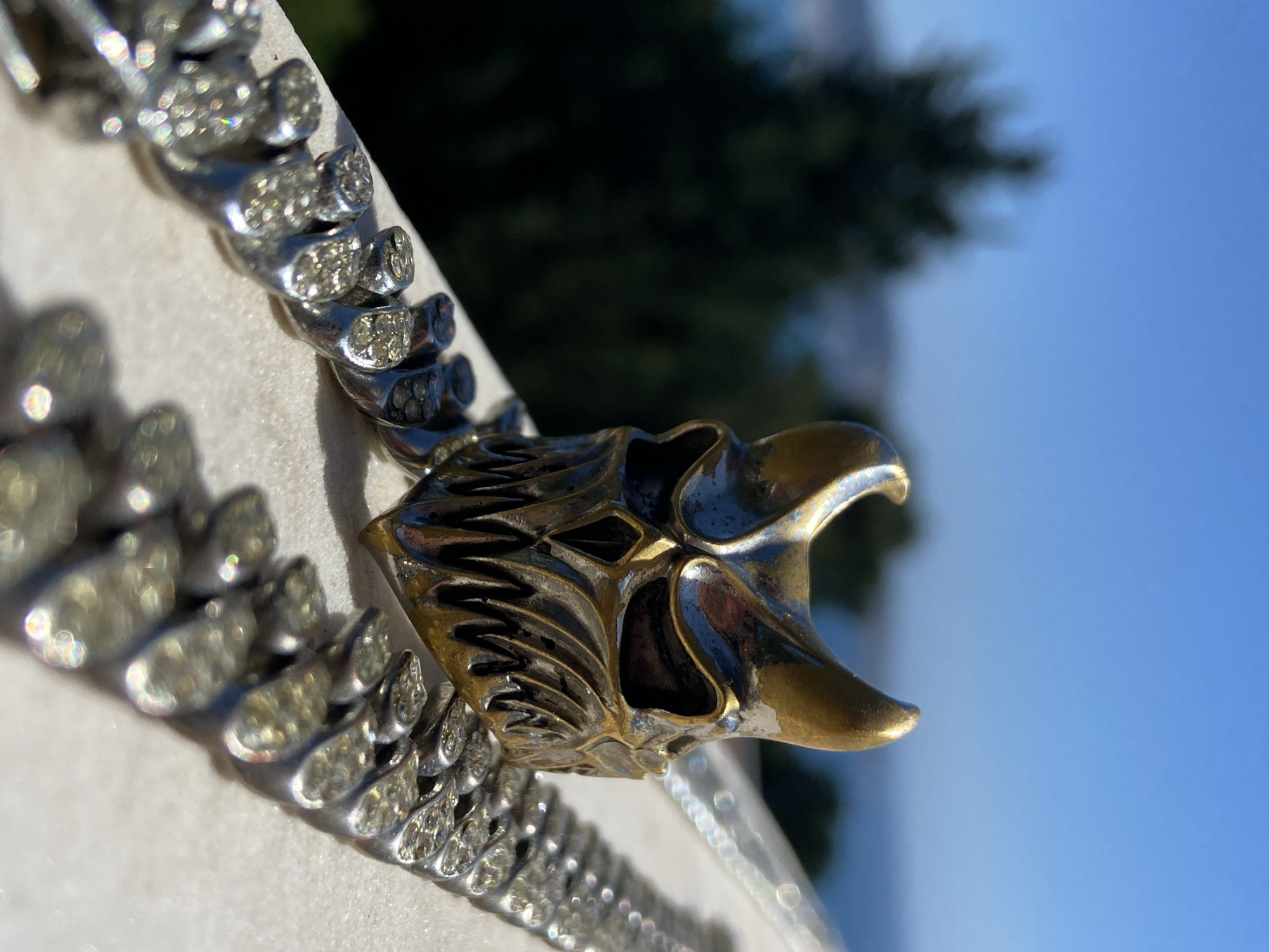 A close-up shows a silver-and-gold eagle pendant attached to a silver chain. The chain is encrusted with clear stones. The pendant and chain appear to be resting on a light-colored, possibly white, surface. In the blurred background, greenery (likely trees) is visible, along with a body of water and the sky. Based on the location information (Šušanj, Montenegro), it is likely that the body of water is the Adriatic Sea.