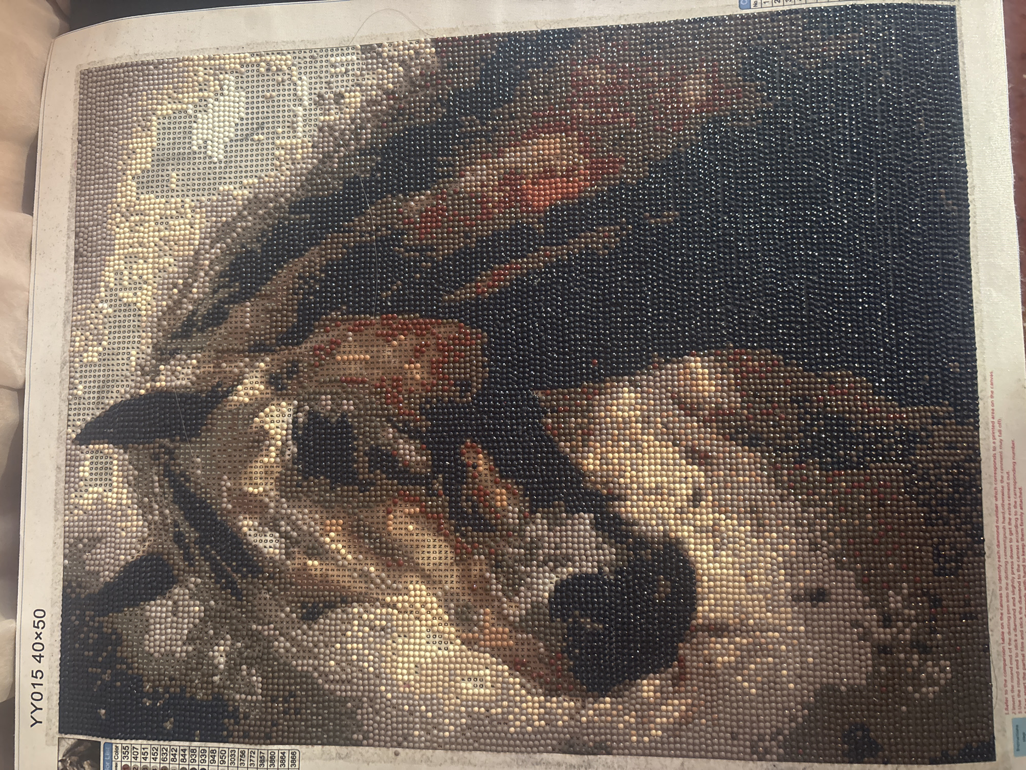 The image presents a partially completed diamond painting, captured from an oblique angle. The central subject, rendered in intricate detail with numerous small, shiny resin beads (drills), appears to be the head of an animal, likely a wolf or a large dog. The artwork features a high-contrast palette, with prominent areas of dark, possibly black or very dark grey, drills forming parts of the animal's fur and the background, contrasted with lighter, glittering beige, brown, and reddish-brown tones that define facial features and highlights. The animal's eye, a dark and focal point, is clearly visible.
On the left side of the canvas, the text "YY015 40×50" is displayed, indicating the project's model number and dimensions. Along the bottom and right edges, a color key or legend lists various drill colors with corresponding numbers (e.g., 355, 407, 451, 452), guiding the crafter. Detailed instructions for diamond painting are also visible on the right, outlining steps such as referencing a comparison table, using a dotting pen with cement, and adhering diamonds to the canvas. The drills exhibit a reflective quality under what appears to be indoor lighting. The image captures the in-progress state of a crafting activity. No specific visual cues for Ruse, Bulgaria, are identifiable within the image content, which depicts an indoor setting.