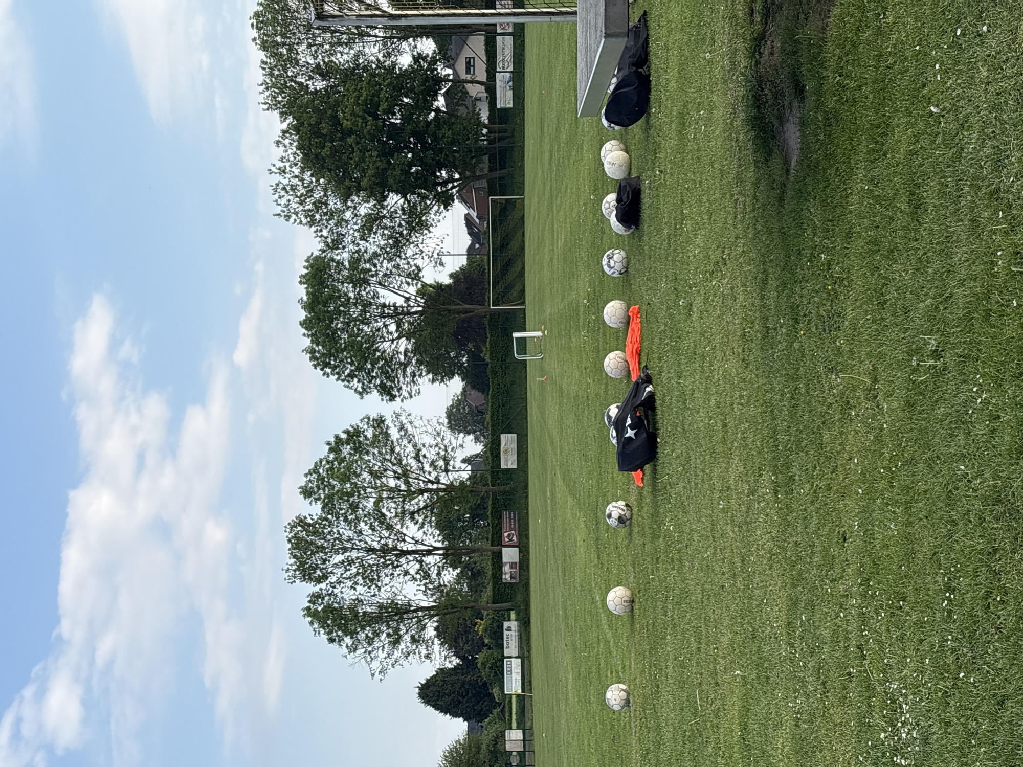 On a grassy field in Wegberg, Germany, several soccer balls are arranged in a line. Trees and signage border the field, while the sky shows scattered clouds.