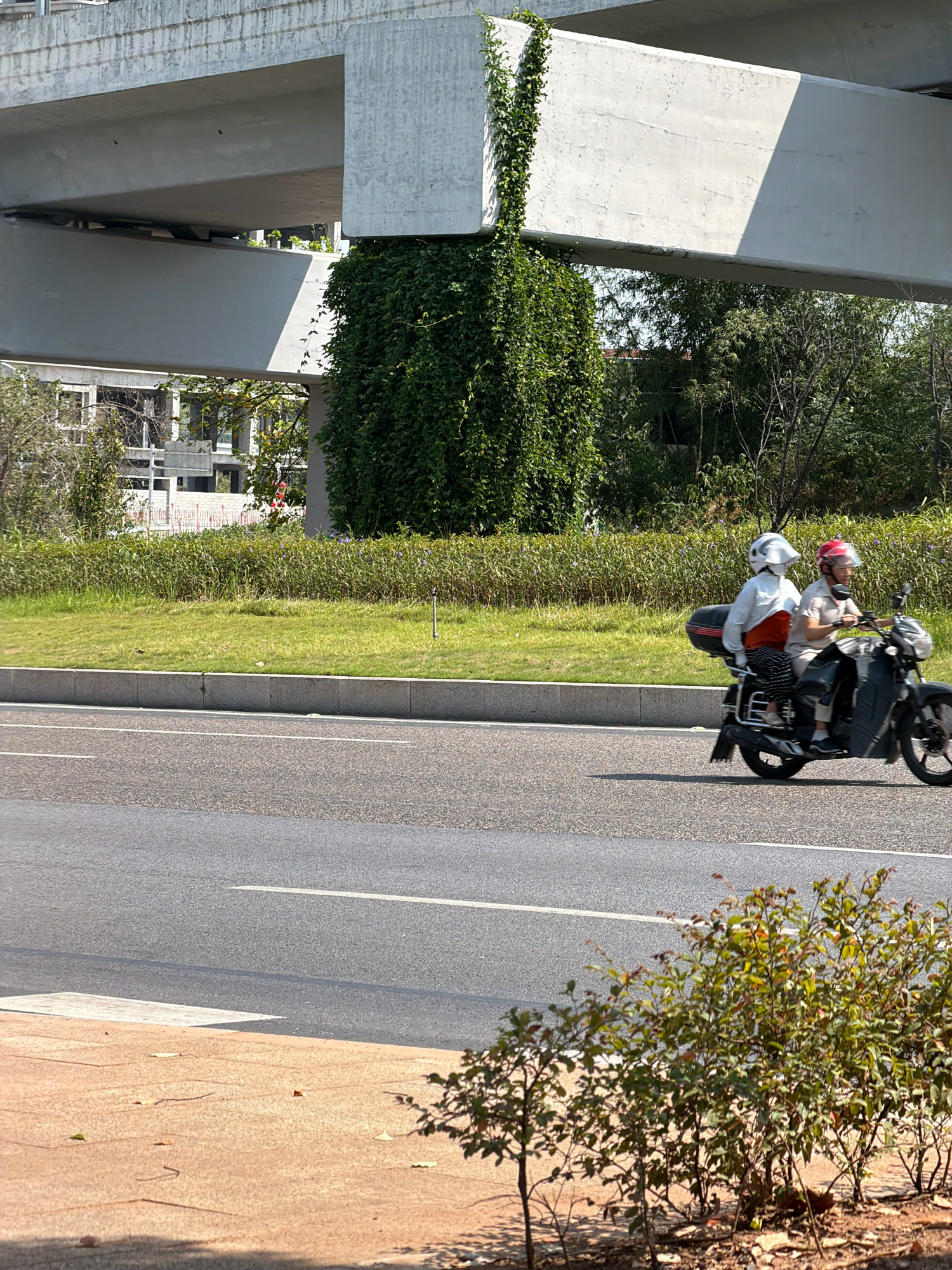 In Jiangjin, China, a motorcyclist and passenger, both wearing helmets, travel on a paved road beneath an elevated concrete structure. The passenger, situated behind the driver, is wearing a white helmet and a light-colored jacket over an orange top. The driver wears a red helmet. The road features white lane markings. To the left of the road, a grassy median strip separates it from a sidewalk lined with small bushes. Behind the median, a building with visible construction elements and vegetation can be seen. The elevated concrete structure, partially covered by ivy, casts a shadow onto the scene.