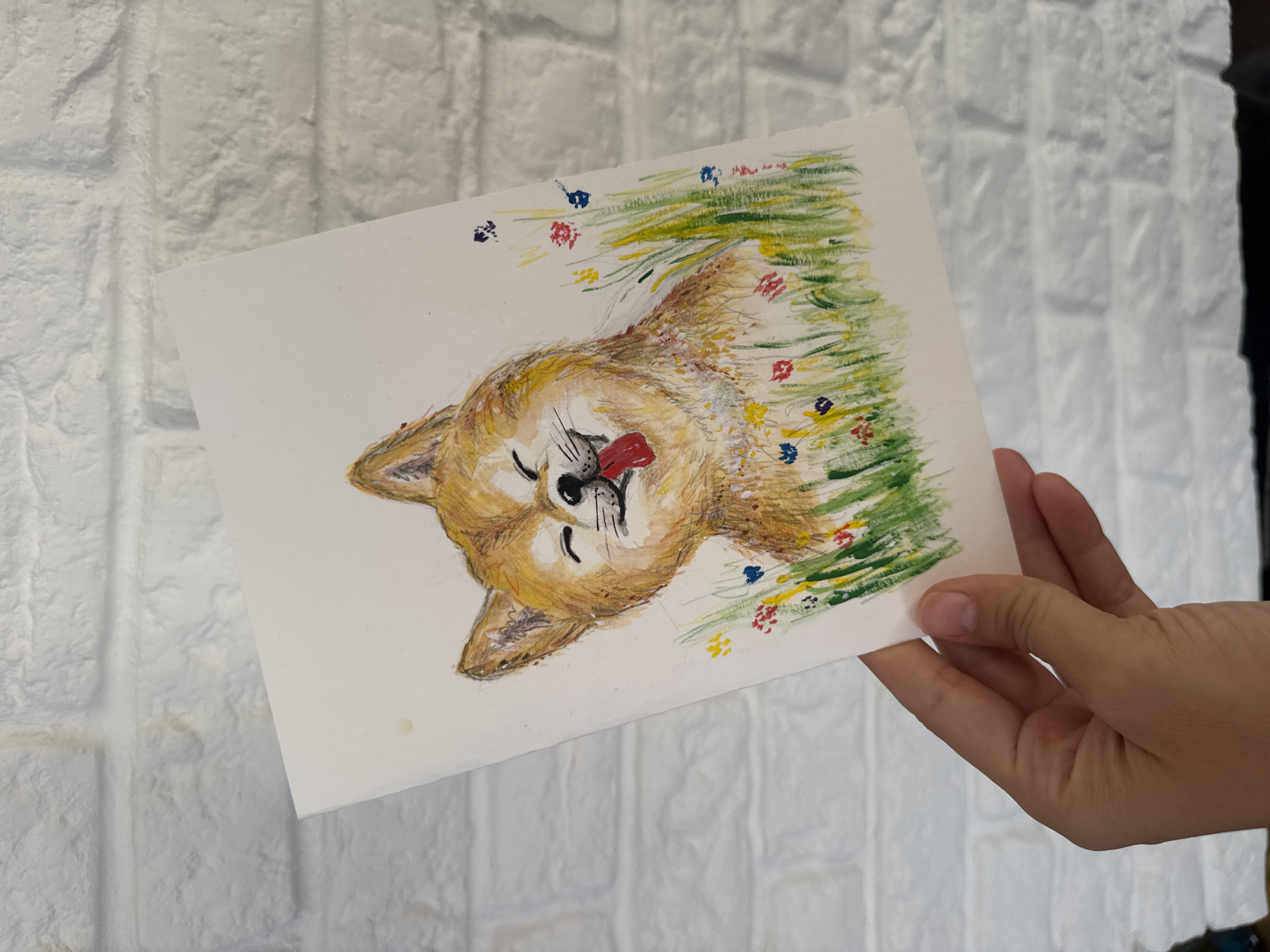 A hand holds a watercolor painting of a Shiba Inu dog with its tongue out, set against a white brick wall. The dog is depicted in a field of green grass with small red, yellow, and blue flowers. The painting is on a white card. The hand is positioned at the bottom of the frame, holding the card at an angle. The overall scene is brightly lit. No location in Carnikava, Latvia is depicted or suggested.