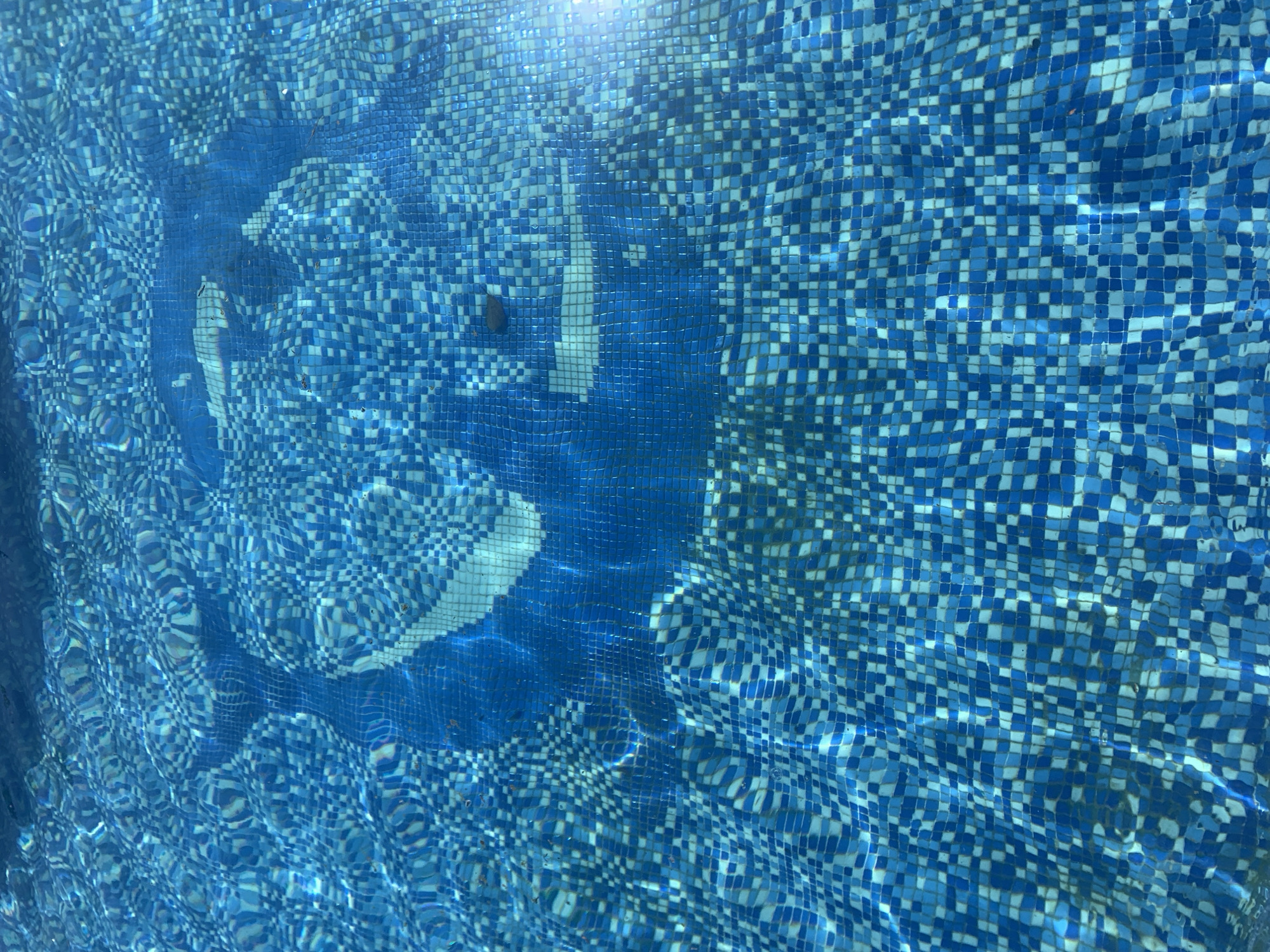 A swimming pool with a blue tiled bottom is visible. The surface of the water is rippled, causing distortion to the tiled pattern below. A dark shadow, possibly from a person or object, is cast on the pool floor. There are some debris pieces floating on the water's surface. The image appears to be taken in an outdoor setting, typical of a residential or public pool area in Sabunchu Raion, Azerbaijan.