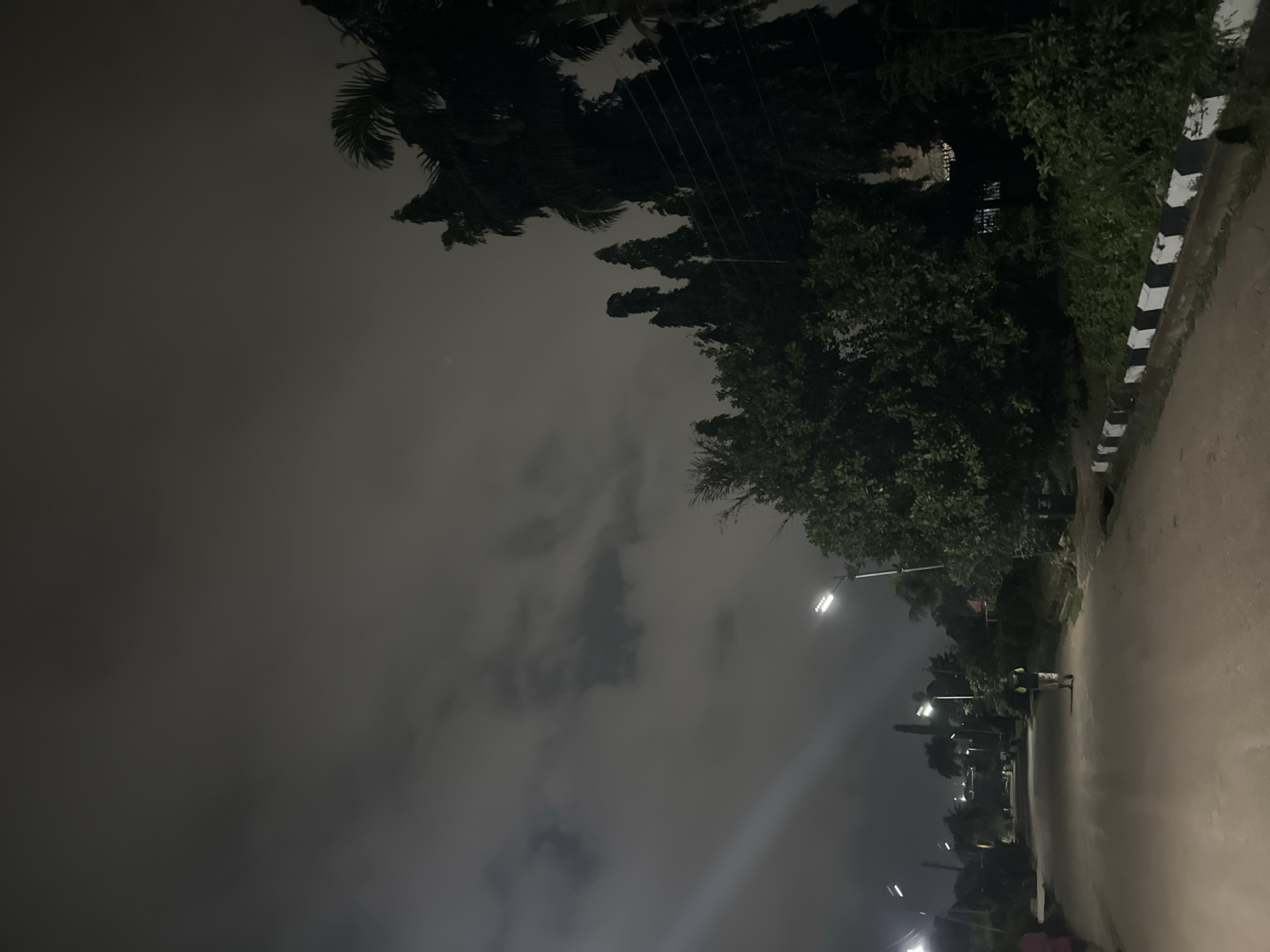 The image depicts a nighttime street scene in the city of Abuja, Nigeria, under a cloudy sky. A paved road stretches into the distance, illuminated by streetlights. A lone individual, wearing a reflective vest over casual clothing, walks away from the camera on the right side of the road. On the left side of the road, another person, partially visible, is walking towards the camera. The roadside is lined with vegetation, including trees and bushes. A low concrete barrier painted with black and white stripes runs along the edge of the road. The overall atmosphere is dim and quiet, typical of a residential street at night.