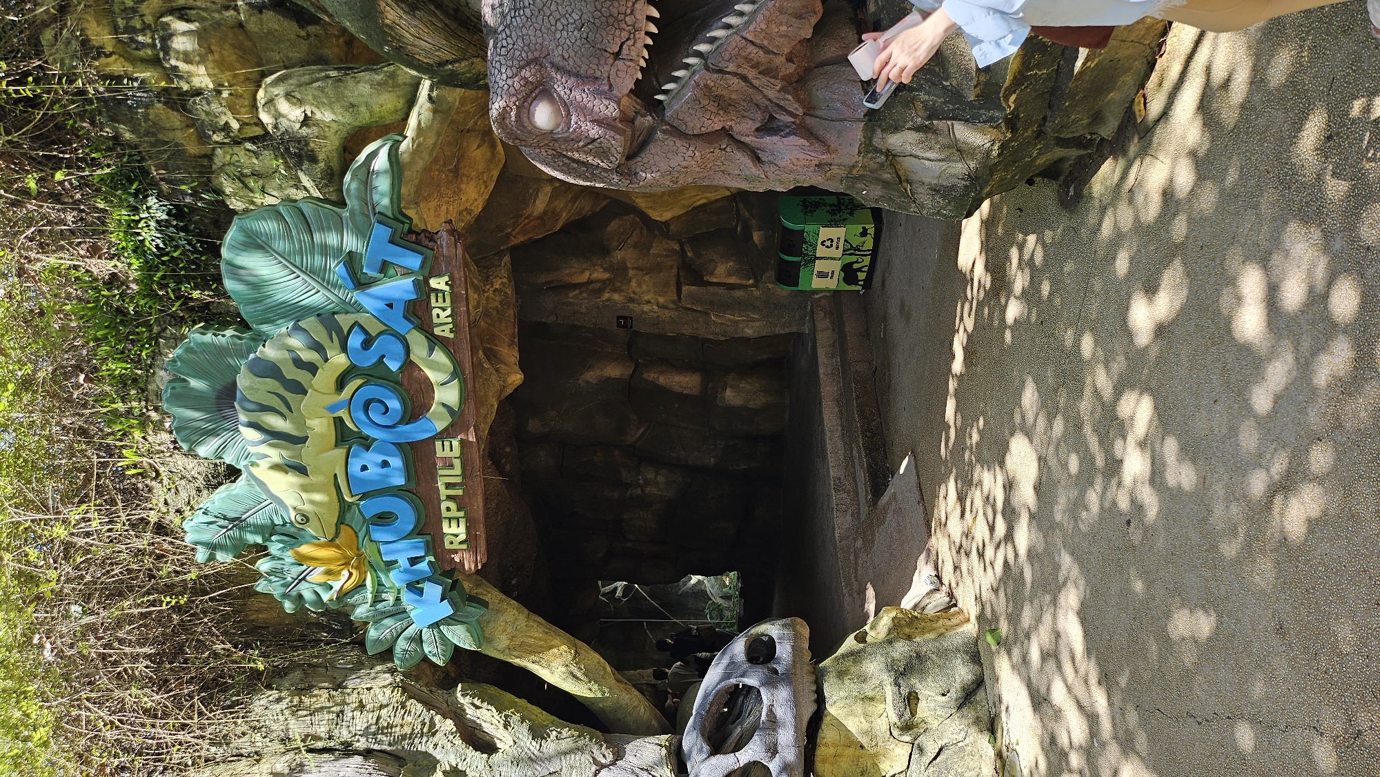 The image depicts the entrance to the "Khubosat Reptile Area" at VinWonders Phu Quoc, located in Phu Quoc, Vietnam. The entrance is designed to resemble a rocky cave, with a large, colorful sign featuring a chameleon and jungle foliage above a dark opening. To the left of the entrance, a large dinosaur skull prop is positioned. To the right, a portion of a dinosaur head prop is visible, with a person in the foreground holding a smartphone and taking a picture. A green recycling bin with animal graphics is placed near the dinosaur prop. The ground in front of the entrance is a paved path with dappled sunlight filtering through overhead trees, creating a pattern of shadows.