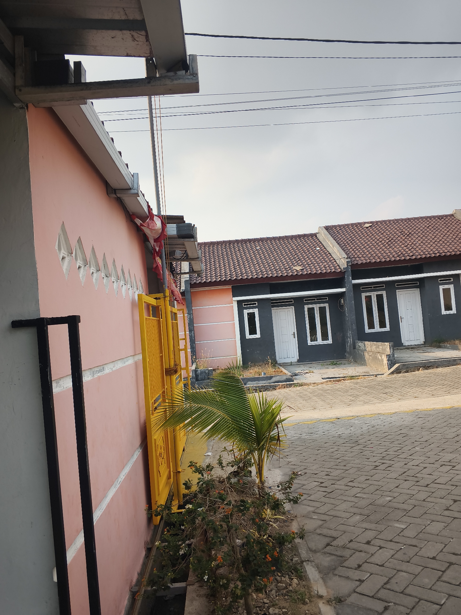 The image shows a view of a residential area in Banjar Agung, Indonesia. In the foreground, on the left, is the side of a pink building with a grey section on the far left. The pink building has a row of diamond-shaped decorative openings near the top and a white horizontal stripe. A yellow metal gate is visible, partially obscuring a small palm plant and some flowering bushes with orange and white blossoms.
In the background, there are two houses with dark grey walls and brown tiled roofs. Each house has white framed windows and white doors. The houses are situated on a paved driveway made of grey interlocking bricks, with a yellow line marking the edge of the road. Overhead, there are several power lines against a pale sky. The overall scene appears to be an outdoor residential street with new construction.