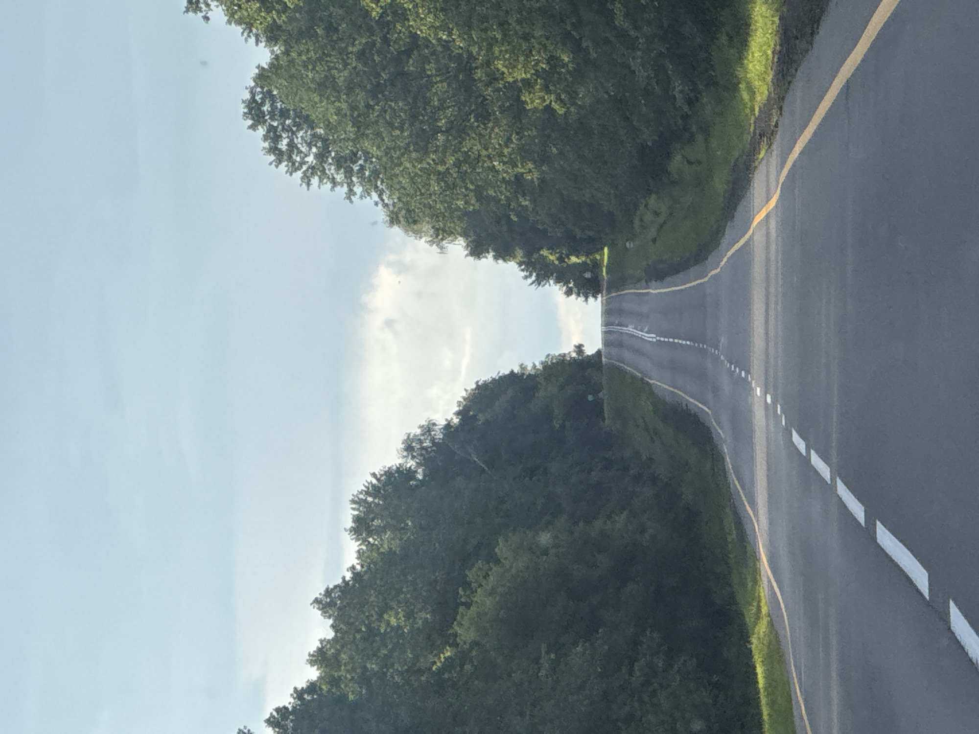 The image captures an asphalt road winding through a dense forest. The road is marked with a broken white line down the center and solid yellow lines along its edges. Lush green trees line both sides of the road, creating a tunnel-like effect as the road curves and ascends into the distance. The sky above is a pale blue with scattered white clouds, suggesting a temperate daytime. The scene appears to be a rural road within the Акцябрскі сельскі Савет, Belarus, given the characteristic landscape of Belarusian countryside. There are no people or vehicles visible in the image, and the environment is natural and unpopulated.