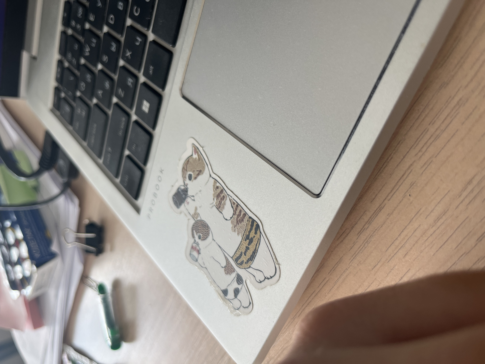 A close-up, eye-level, medium shot shows a silver laptop on a light-colored wooden desk. The laptop is open, and the keyboard is visible. The keys are black with white lettering. Two stickers of cartoon cats are affixed to the left side of the laptop's palm rest. The left sticker depicts a white cat with black spots and a red collar, holding a small white bottle. The right sticker shows a white cat with brown markings wearing a black hat and a patterned belt, with its front paws resting on the other cat's back. In the background, on the desk, are several sheets of paper, a black binder clip, and a green pen. The image is well-lit, with natural light coming from the left. There are no people visible in the image. The location is not specified in the image or any accompanying information.