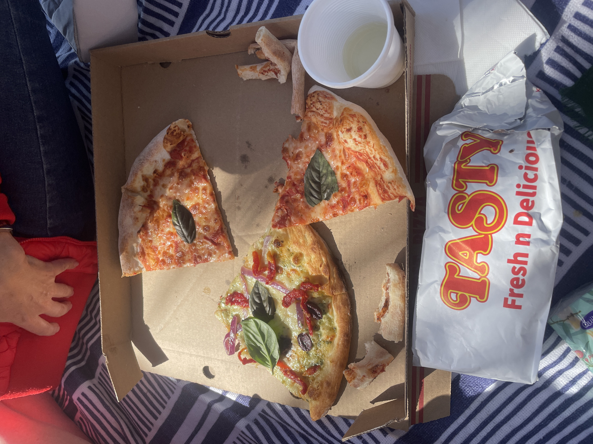The image captures a close-up, overhead view of a pizza box resting on a blue and white striped blanket, likely in an outdoor setting. Three slices of pizza are visible within the open cardboard box. One slice, in the upper right, is a classic margherita with cheese and tomato sauce, garnished with a single basil leaf. Another slice, to the left, is topped with pesto, sun-dried tomatoes, red onion, olives, and basil. A third slice, at the bottom right, is similar to the margherita but appears to have slightly more cheese and sauce. Several small, crusty remnants of pizza are scattered in the box. To the right of the pizza, a small white plastic cup contains a pale yellow liquid, possibly a drink. In front of the pizza box is a white paper bag with the word "TASTY" in large red and yellow lettering, along with the text "Fresh n Delicious". A hand, partially visible in the upper left corner, appears to be resting on a red fabric item, potentially a jacket or blanket. The lighting suggests it is daytime, with shadows cast by the objects. The context of the city of Gold Coast, Australia, is not explicitly depicted in the visual elements of the image itself.
