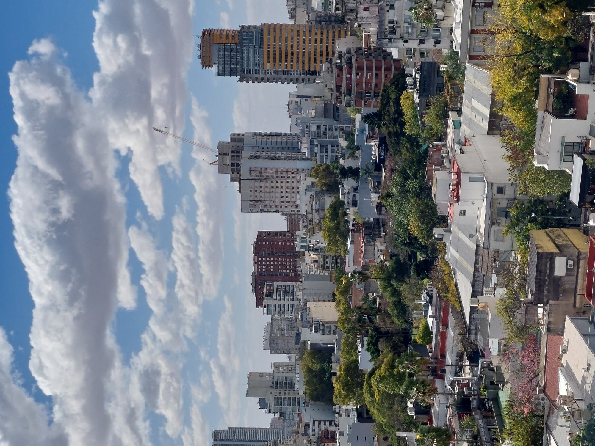 The image depicts a cityscape under a cloudy sky, likely taken in Buenos Aires, Argentina. The view is dominated by a mix of high-rise apartment buildings in various states of construction and established residential structures. A construction crane is visible amongst the taller buildings. The residential areas contain a mix of trees and vegetation.