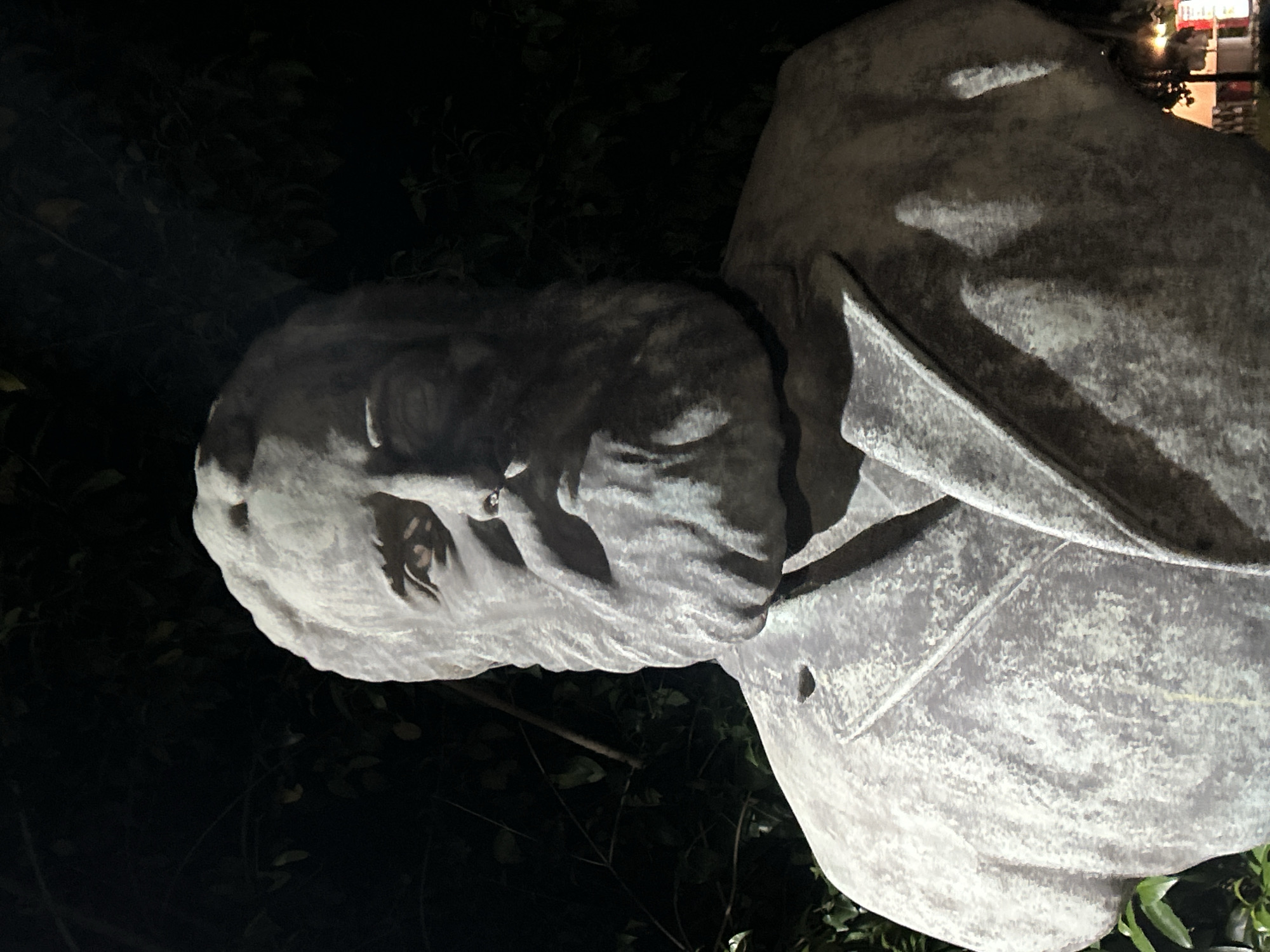 The image depicts a stone bust of a man in a suit. The bust is located outdoors, surrounded by greenery and shrubs. The background is dark, suggesting nighttime. There are some lights visible in the upper right of the image. The bust is likely located in the city of Burgas, Bulgaria, but this is not explicitly verifiable from the image alone.