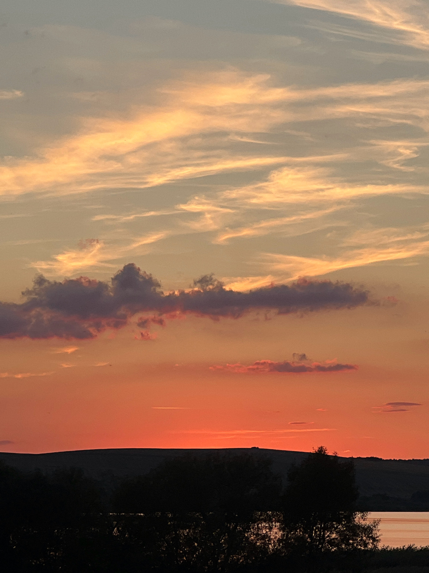 The image depicts a sunset over a body of water in Vertelka, Ukraine. The sky is filled with wispy clouds tinged with orange and yellow hues, transitioning to a pale blue at the top. In the middle ground, dark silhouettes of trees and rolling hills are visible against the vibrant sunset sky. A tranquil body of water occupies the lower right portion of the frame, reflecting the warm colors of the sky. There are no people or animals visible in the image.