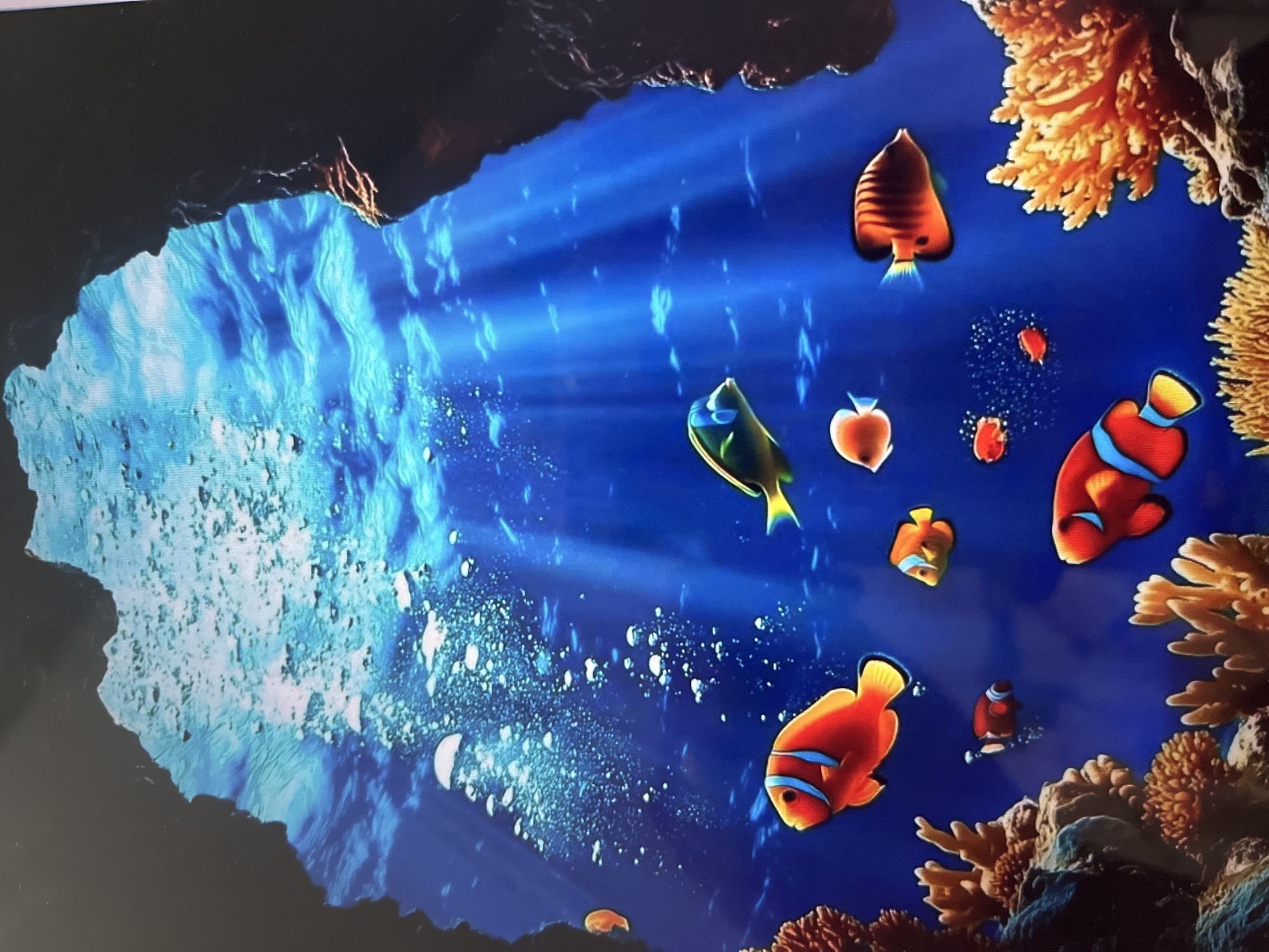 An underwater scene depicts a coral reef with various fish swimming in the clear blue water. Sunbeams filter down from the surface, illuminating the scene and creating a dappled effect. The reef is teeming with life, with colorful coral formations providing a backdrop for schools of small, bright fish. The overall impression is one of a vibrant and healthy ecosystem.