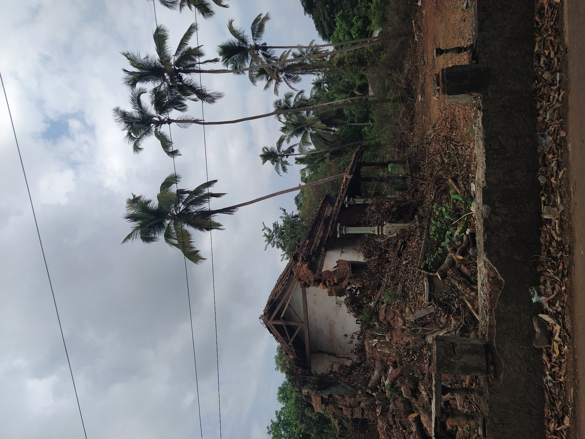 The image shows a dilapidated, partially collapsed structure in Marna, India. The building is white with a partially exposed wooden frame and sections of missing walls and roof. Debris, including bricks, wood, and vegetation, surround the structure. In the background, tall palm trees reach into a cloudy sky. Overhead electrical lines cross the view. The ground is primarily dirt and vegetation, and a partially visible road runs along the side of the frame. There are no people visible in the frame.