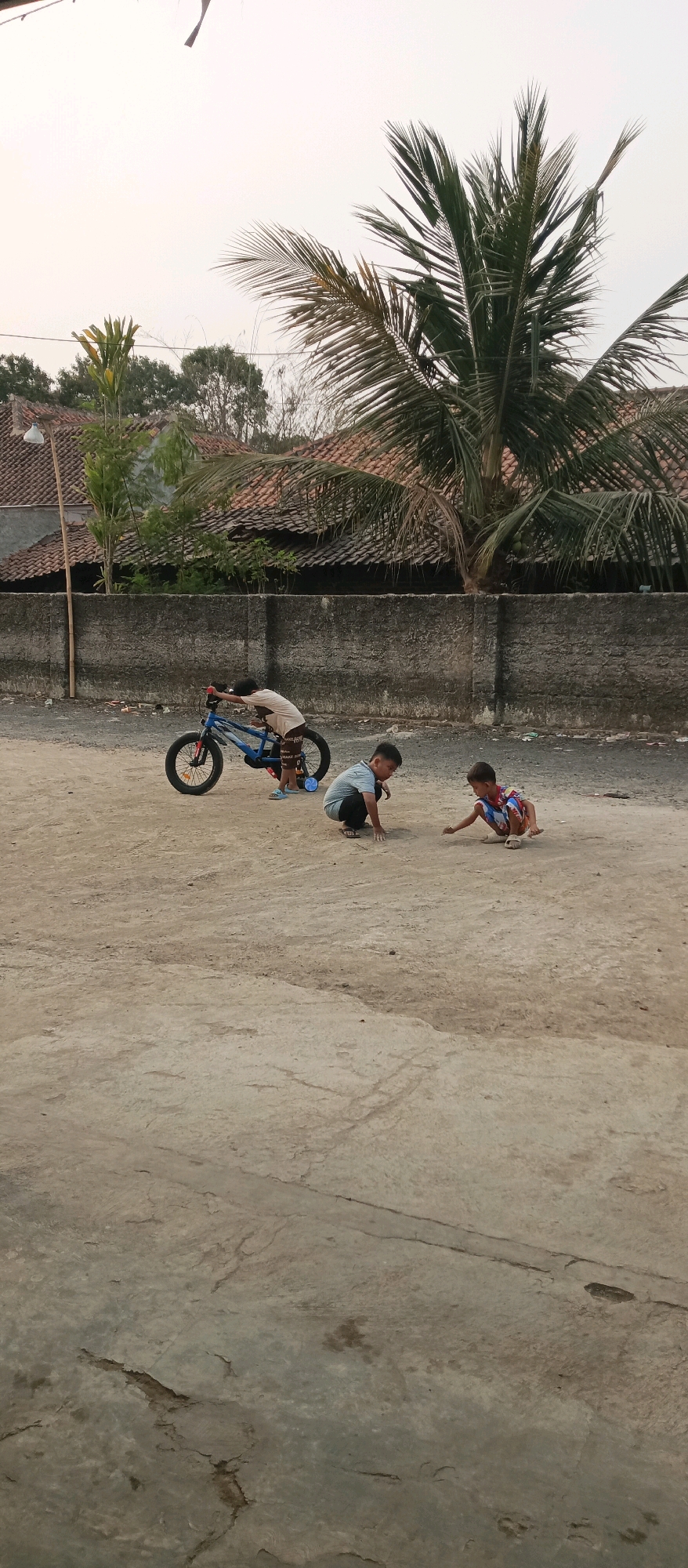 In Subang, Indonesia, three young boys are engaged in activities outdoors on a dirt and concrete surface. One boy, wearing a light-colored shirt and patterned shorts, is leaning over a blue bicycle, possibly about to ride it or having just dismounted. The bicycle has training wheels. To the right, two other boys are playing on the ground. One boy, dressed in a light blue striped shirt and dark pants, is crouched down. Beside him, another boy, in a colorful patterned shirt and shorts, is also crouched, appearing to interact with something on the ground. In the background, a textured concrete wall runs horizontally across the scene. Behind the wall, rooftops of houses are visible, along with lush green foliage and the distinctive fronds of a palm tree. The sky above is overcast.