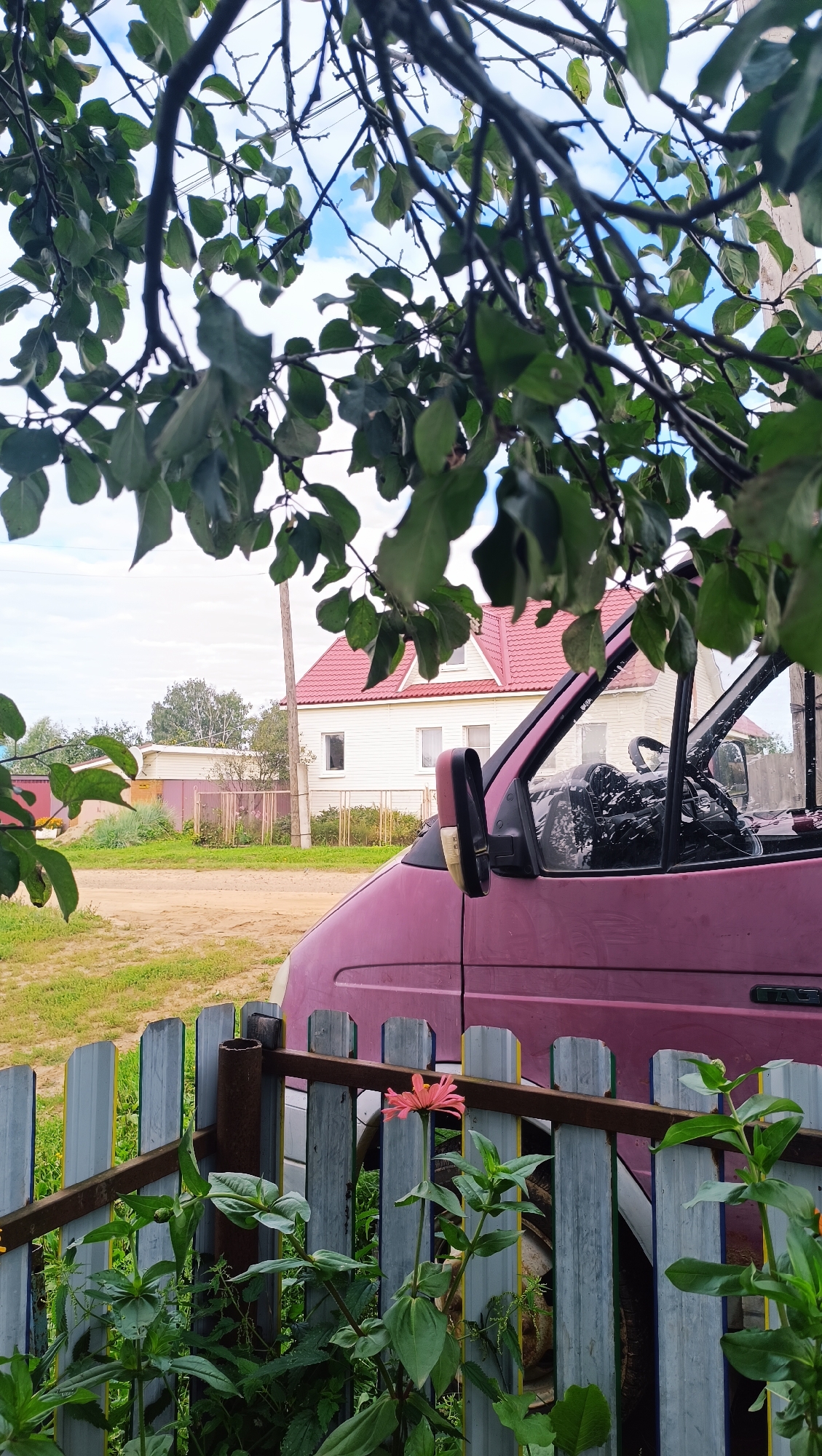 The image depicts a yard with a purple van parked behind a colorful wooden fence. A single pink flower blooms near the fence, with lush green foliage surrounding it. In the background, a white house with a red roof stands under a cloudy sky. The scene is situated in Karsha, Russia, suggesting a rural or suburban setting. The image is captured from a low angle, looking up through the branches of a tree in the foreground.