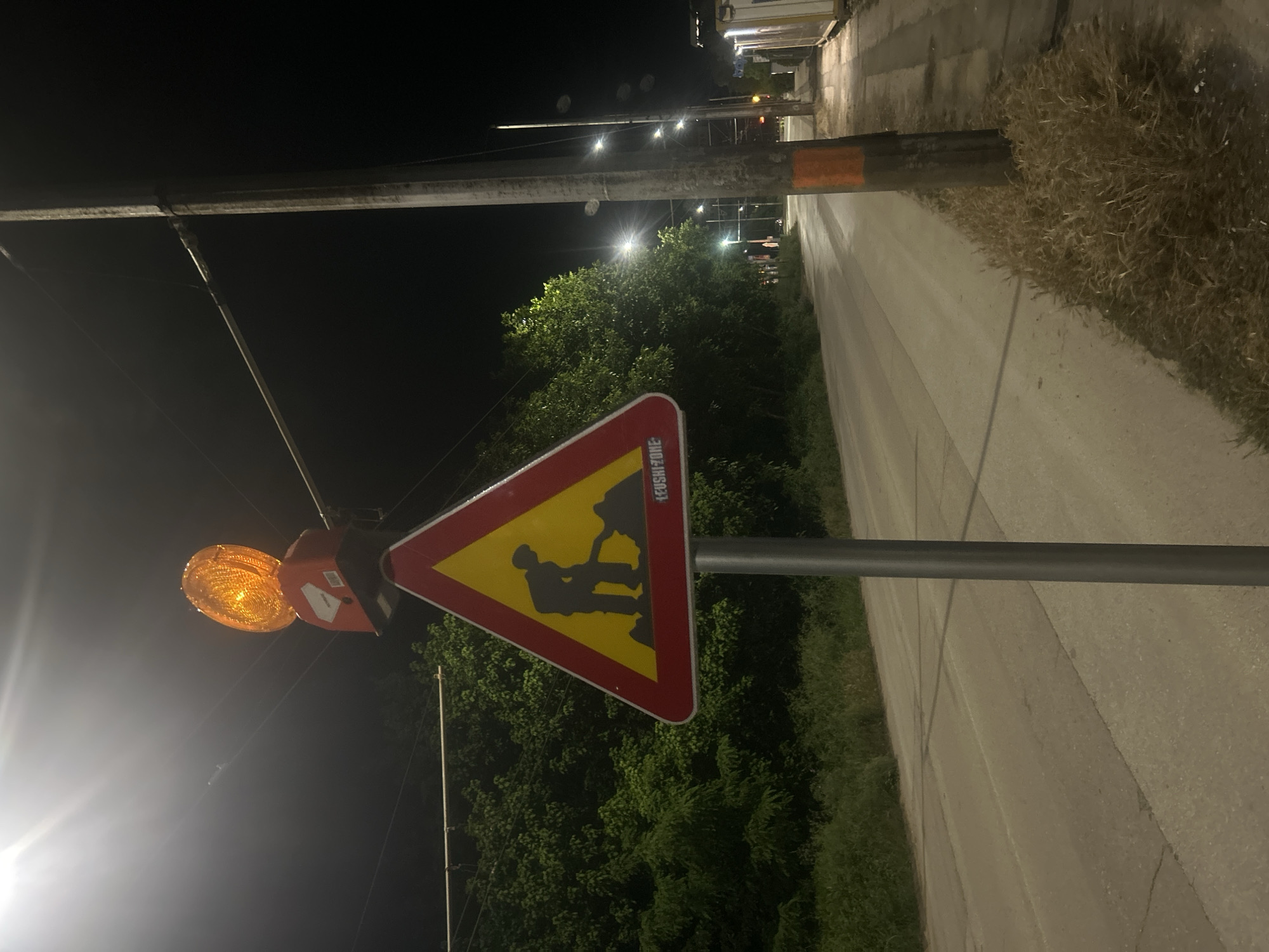 The image, taken at night in Pleven, Bulgaria, shows a road work sign with an orange flashing light. The sign, triangular in shape, features a yellow background with a black silhouette of two workers. The sign is mounted on a gray pole. The background includes trees, street lights, and a road. There are weeds growing along the side of the road.