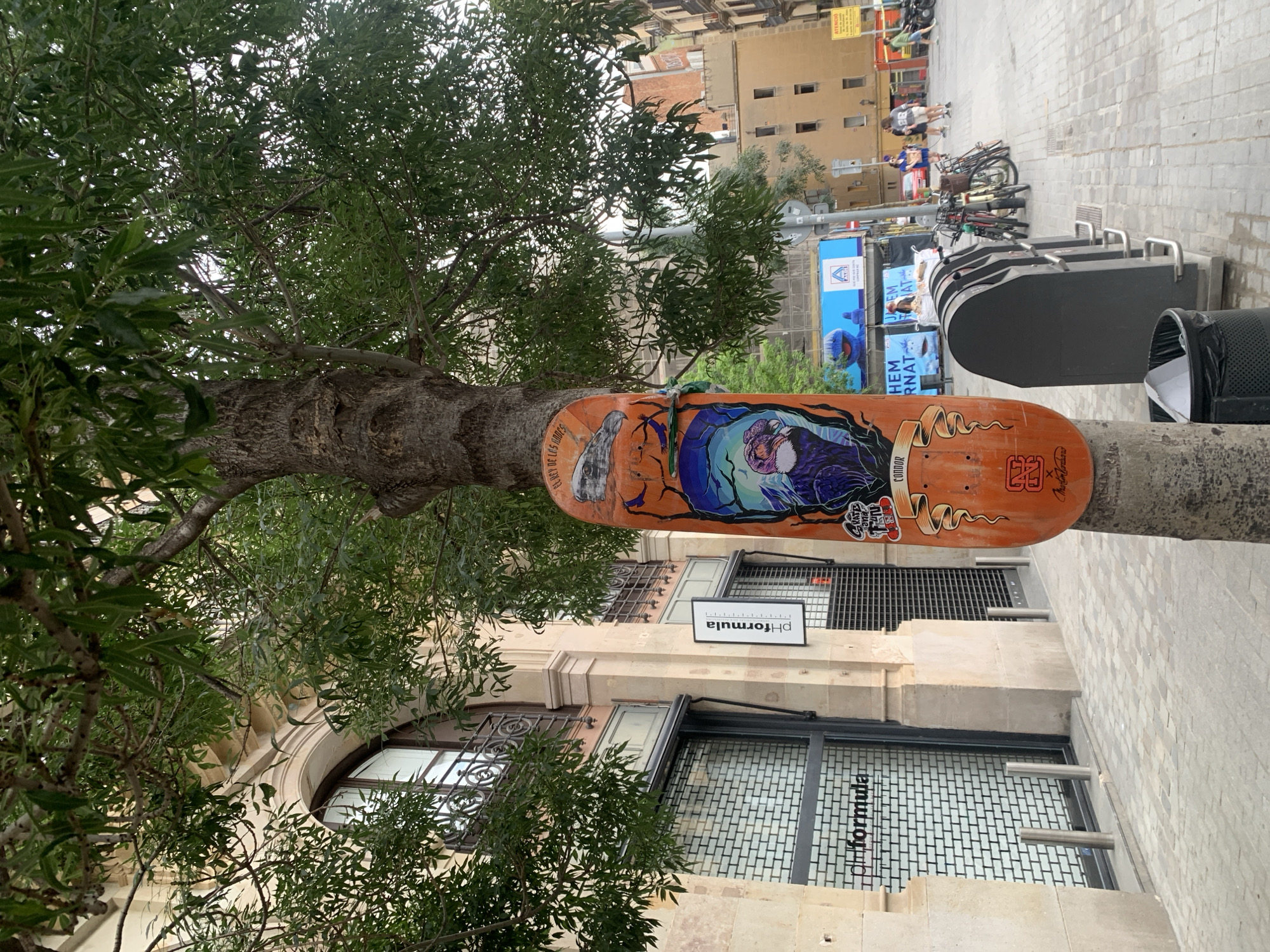 The image captures a skateboard affixed to a tree trunk in what appears to be Barcelona, Spain. The skateboard has an orange base color and features an intricate design with an ethereal creature or figure at the center. Other design elements include a small, bat-like figure and stylized text. Text that can be read on the skateboard includes: "CONNOR," "KATE VANA," and "LREY DE LOS ANDES."
Behind the tree and skateboard is a light-colored building with several windows, one of which has bars on the outside. Above these windows is a sign that reads "pHformula" on it. Further in the background, a street scene unfolds with people walking and riding bicycles. In this area, posters or billboards are visible with the words "HEM RNAT" and "JAEM NAT" on them. There is also a blue and white sign with a logo with a partial word: "A". Bicycles can be seen parked in what looks like bicycle parking spaces and trash cans.