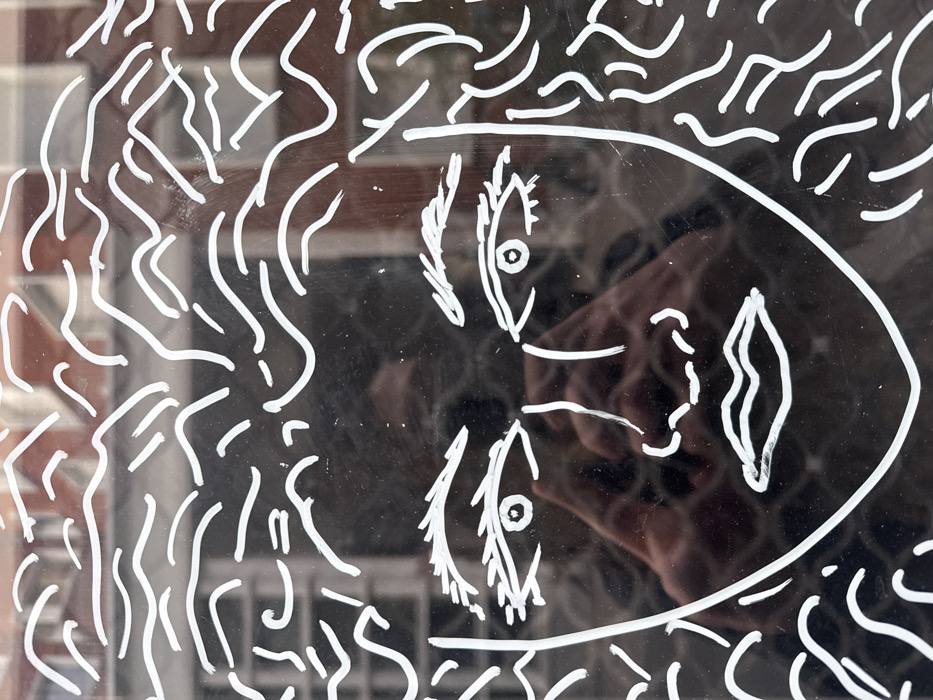 A white line drawing on a transparent surface depicts a stylized human face. The face, in profile, features exaggerated eyes, eyelashes, and lips. Flowing, wavy lines surround the face, giving the impression of hair or an abstract background. Reflections on the transparent surface show the photographer's hand and the backdrop of a brick building with windows. The style of the drawing evokes a minimalist, modern aesthetic.