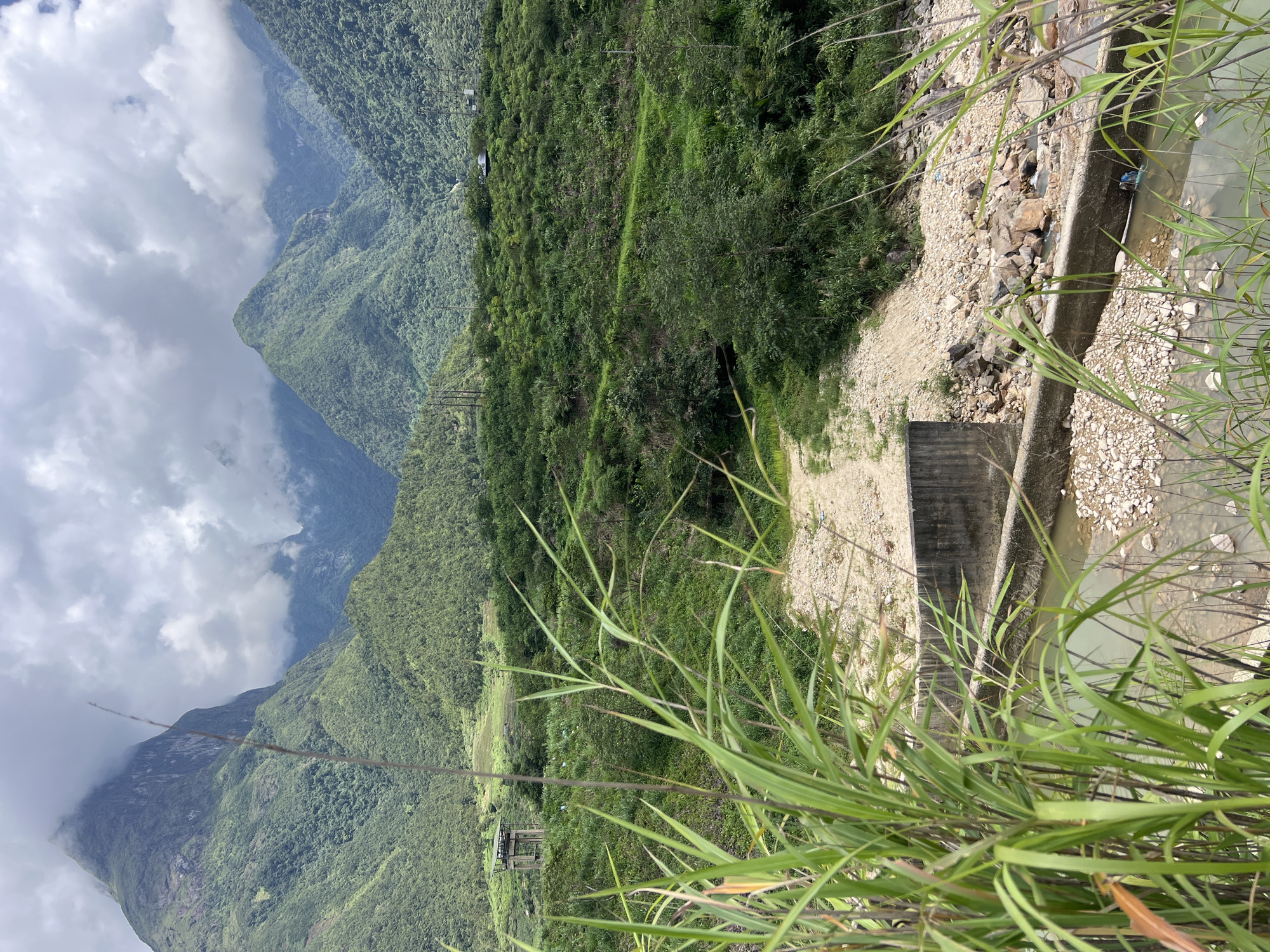An overcast day frames a lush green mountainous landscape. In the foreground, tall green grass sways, obscuring a concrete structure and a shallow, rocky river. Beyond the river, the terrain rises into verdant hills covered in dense vegetation. A dirt path winds its way up the hillside. In the middle ground, a concrete observation tower stands on a grassy incline. In the distance, rugged mountains pierce the cloudy sky, their peaks partially shrouded in mist. A small, dark-colored structure, possibly a house or shed, is visible on a distant hillside. The overall scene depicts a natural, mountainous environment with elements of human infrastructure.