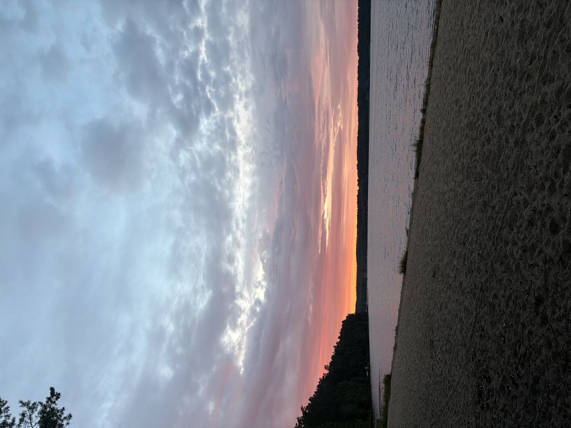 The image depicts a serene beach scene at dusk, with a body of water bordering a dense forest. The sky is filled with a dramatic display of clouds, transitioning from a soft pink and orange glow near the horizon to shades of gray and blue higher up. The foreground is a sandy beach, marked with footprints and some scattered vegetation along the water's edge. The water is calm, reflecting the colors of the sky. In the distance, the silhouette of a treeline is visible. The overall atmosphere is tranquil and natural, suggesting a remote or undeveloped location.