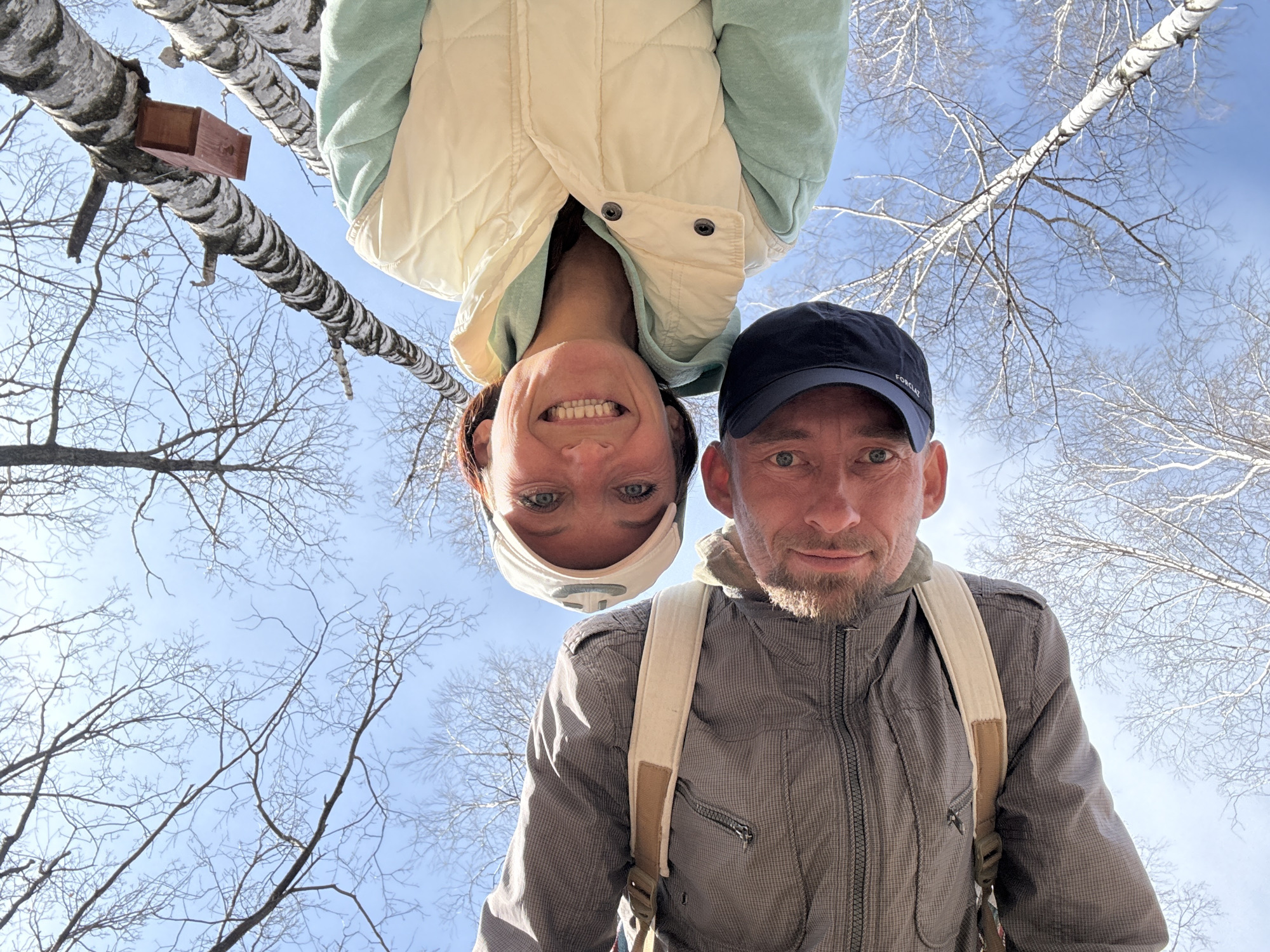 A low-angle, wide-shot selfie captures a man and a woman outdoors, with a clear blue sky and bare trees overhead. The camera is pointed upwards, creating an unusual perspective where the woman appears to be upside down, seemingly hanging from the trees, while the man is right-side up in the foreground.
The woman, with dark hair and blue/green eyes, is positioned at the top of the frame (due to the inversion). She smiles broadly, showing her teeth. She wears a light-colored baseball cap, a mint green long-sleeved top, and a cream or light beige quilted vest.
The man is in the lower right foreground. He has a short beard or stubble and blue eyes. He wears a dark blue baseball cap with the brand "FORCLAZ" visible in white text on the front. He is dressed in a grey-brown striped zip-up jacket and has a light beige-strapped backpack on his shoulders. He looks towards the camera with a calm expression.
The background consists of numerous bare-branched trees, predominantly birch, identified by their distinctive white and black bark, which stands out against the bright blue sky. On a prominent birch branch in the upper left, a small, rectangular, brown wooden birdhouse is visible, also appearing upside down due to the perspective.
The scene suggests a sunny day in late autumn, winter, or early spring in a forest or park setting, possibly in Ulyanovsk, Russia, given the prevalence of birch trees. The overall mood is playful and joyful, captured through the unique photographic composition and the woman's cheerful expression.