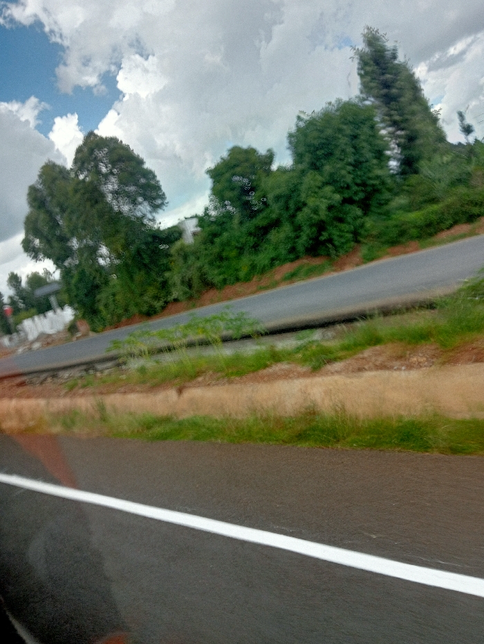 The image displays a daytime roadside view in Karatina, Kenya, captured from a moving vehicle. The foreground features a dark asphalt road with a prominent, unbroken white lane marking stretching across the lower part of the frame. The road surface appears somewhat reflective, possibly from dampness.
Adjacent to the road, a narrow verge consists of green grass and patches of reddish-brown soil. Beyond this, a gentle slope is densely covered with a variety of green trees and lush foliage, forming a thick line along the road. The trees vary in size and shape, with some having full, rounded canopies and others appearing tall and coniferous towards the right side of the image. In the background, the sky is mostly covered by large, white cumulus clouds, with glimpses of blue sky visible, suggesting fair weather.
No people or identifiable structures are clearly visible, except for a faint, light-colored object barely discernible behind the trees on the far left. The perspective, slight motion blur, and reflections suggest the photo was taken through a window while traveling. The scene depicts a green and verdant landscape lining a paved road. There is no visible text in the image.