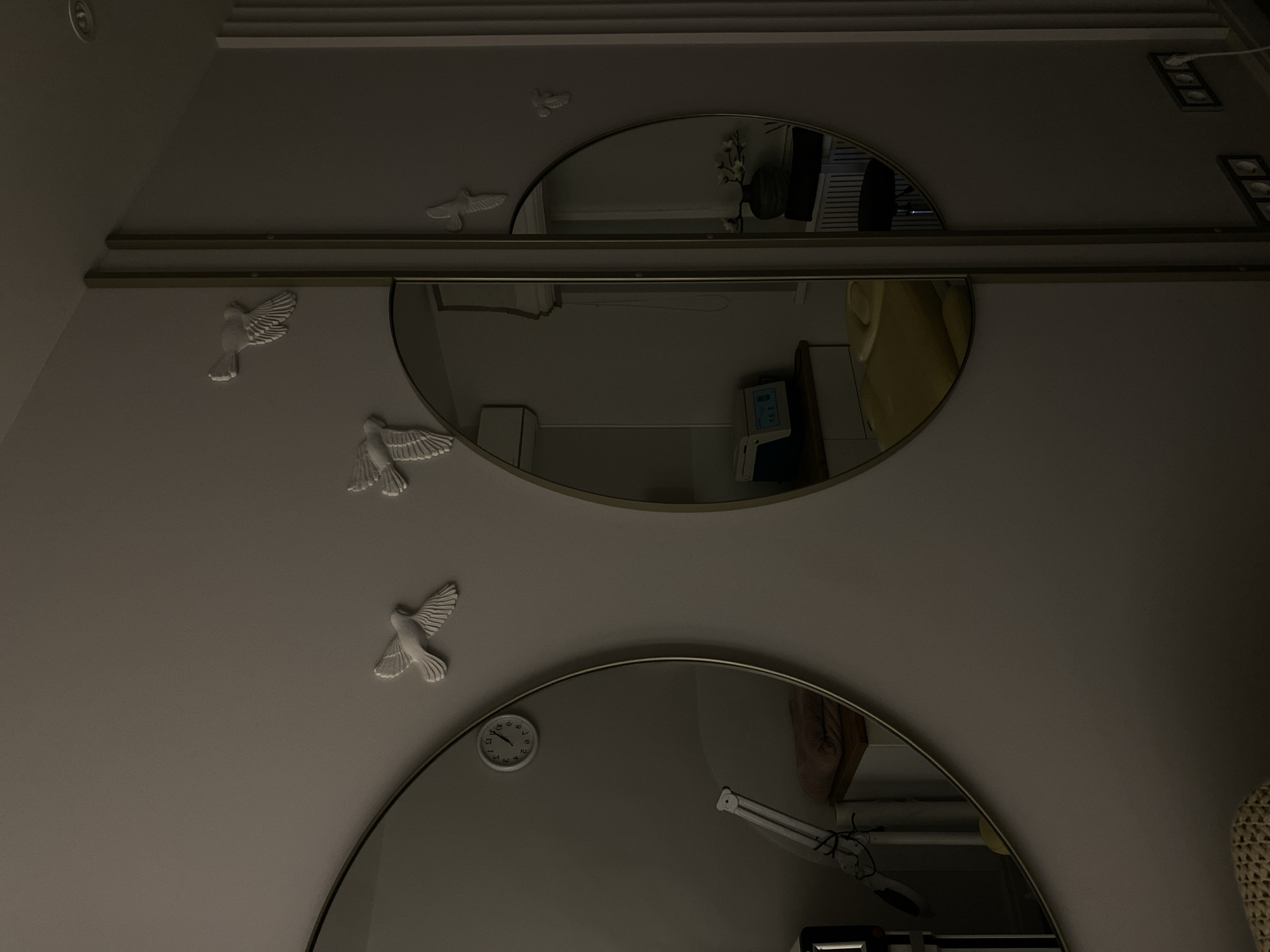 The image shows a ceiling with three semi-circular mirrors. The mirrors reflect different parts of a room. The ceiling is decorated with several white, bird-shaped decorations. Two parallel metal rods run horizontally across the image. Electrical outlets are visible in the upper right corner of the image. The scene appears to be indoors, likely a residential or commercial space. The photograph does not provide sufficient information to determine the precise location in Votkinsk, Russia.