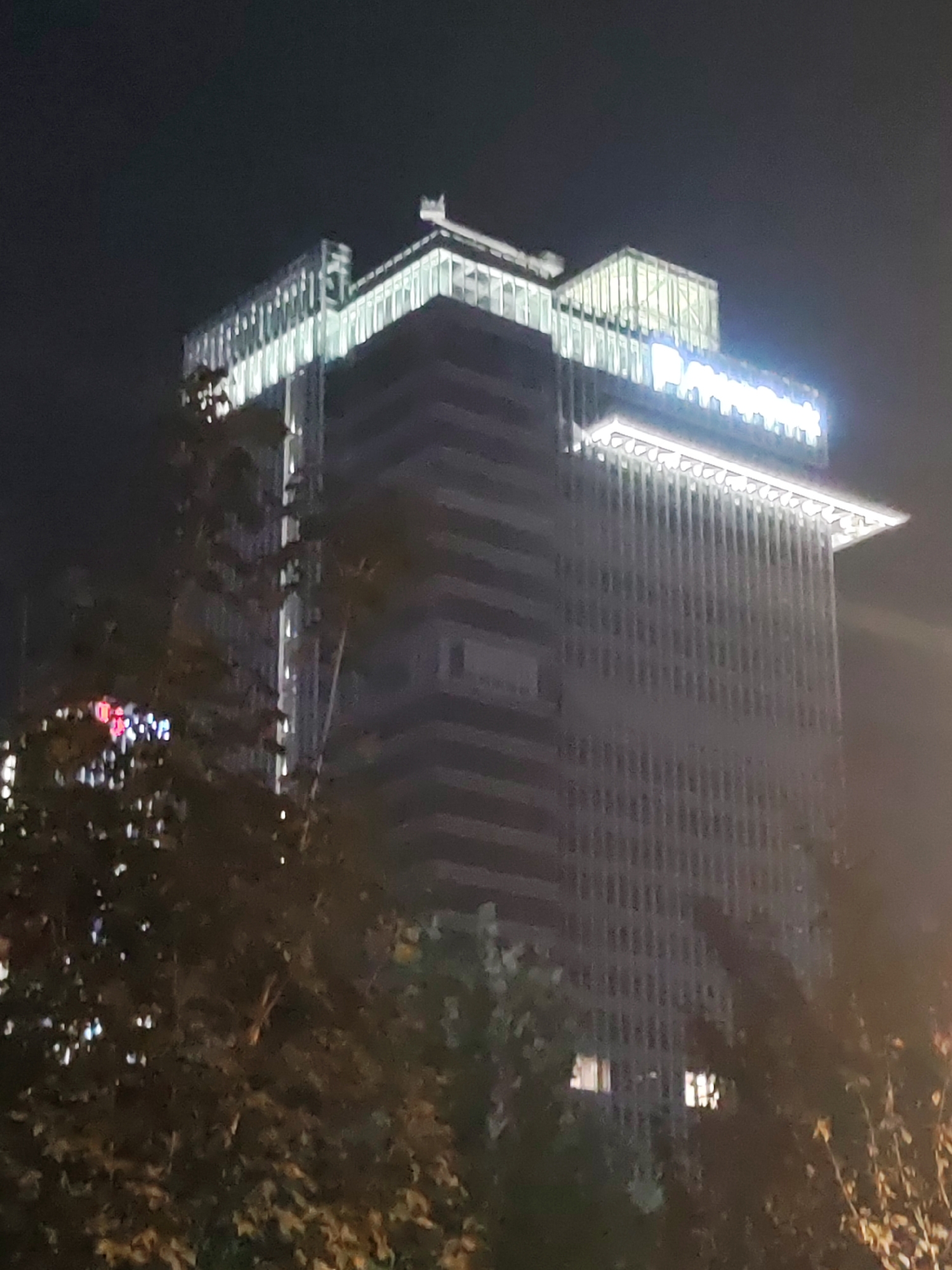 The image shows a nighttime view of the International Business Center (Tashkent City) in Tashkent, Uzbekistan. The focus is on one of the modern high-rise buildings within the complex, illuminated by white lights along its facade and on its rooftop. A prominent blue sign with white lettering is visible at the top of the building, though the text is not clearly discernible. The lower portion of the building appears to have a more traditional architectural design with horizontal banding. In the foreground, the dark silhouettes of trees and branches obscure parts of the building and the surrounding environment. The sky is dark and appears to be night.