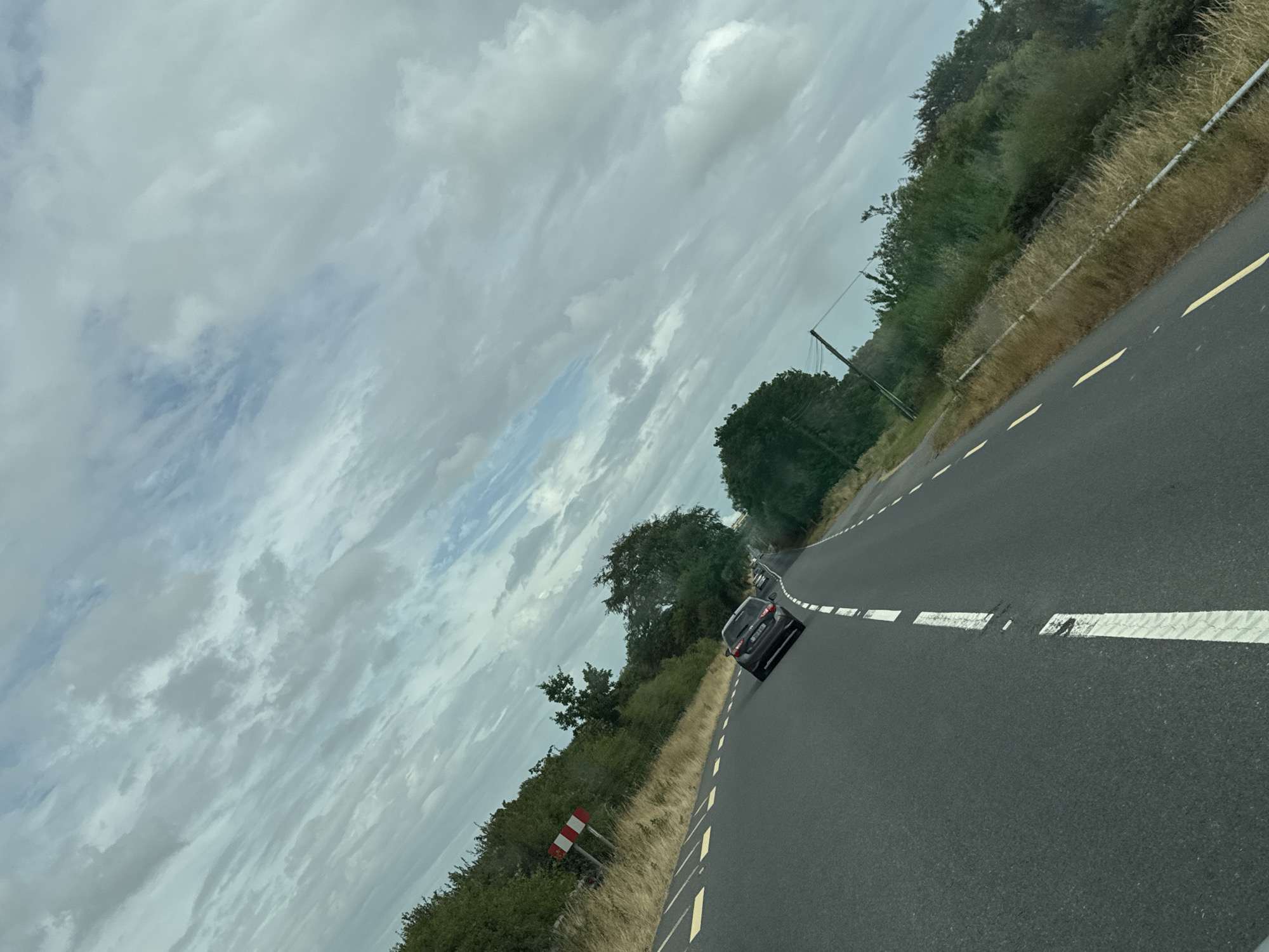 The image shows a view from a vehicle traveling on a rural road in New Ross Municipal District, Ireland. The road is asphalt with white and yellow markings. On the left side of the road, there is a red and white striped sign indicating a hazard or turn. The roadside is bordered by dry grass and dense green bushes and trees. In the distance, other cars can be seen on the road. The sky is cloudy with patches of blue visible. The image is taken from a low angle, suggesting it was captured from within a car.