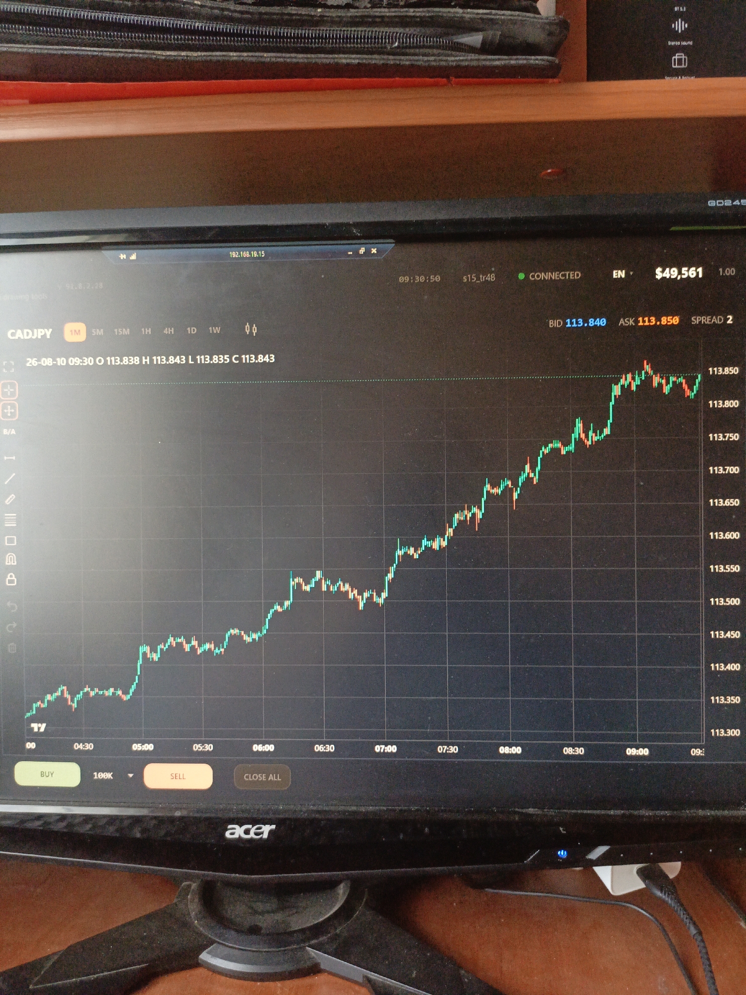 The image displays a close-up shot of a computer monitor displaying a financial trading chart, specifically for CADJPY. The chart shows an upward trend with Japanese candlestick patterns. The time frame is set to 1 minute, and the date indicated is August 26, 2010. The trading interface shows Bid and Ask prices, as well as a spread value. Below the chart are buttons for "BUY," "SELL," and "CLOSE ALL," along with an option for volume adjustment. The monitor is placed on a wooden desk. The background shows part of a desk and a black object, possibly a laptop bag. The monitor brand "acer" is visible at the bottom. The image does not provide any information that would allow for the determination of its location in the city of Ухманы, Russia, or any details about people, actions, or interactions.