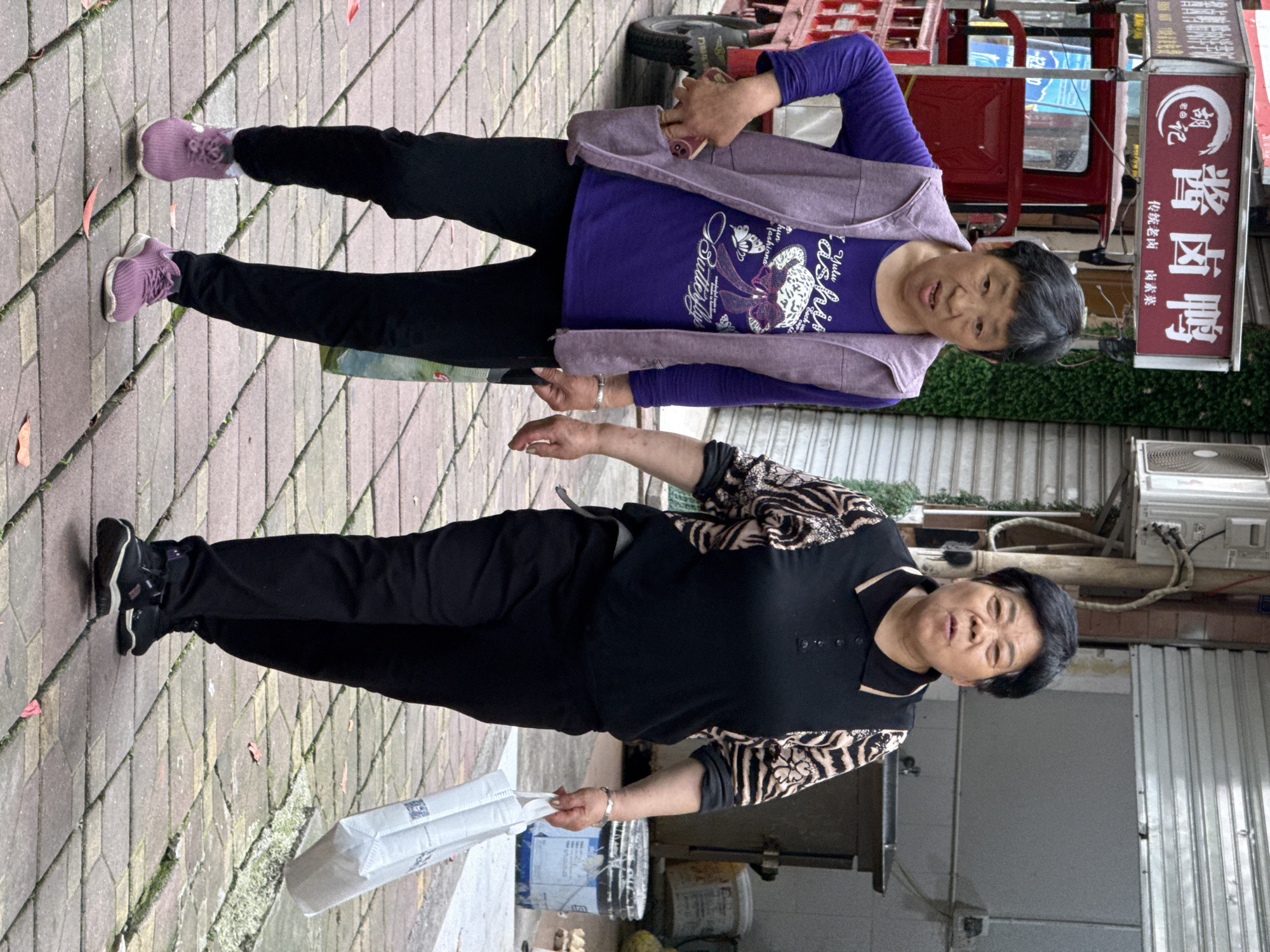 Two elderly Chinese women are standing outside, one is wearing a purple shirt and lavender jacket, and the other is wearing a black shirt with a zebra-striped pattern on the shoulders and sleeves. Both women are wearing black pants. The woman in purple is holding a phone in her hand. The woman in black is holding a white bag. They are standing on a brick sidewalk. Behind the woman in purple, there is a red cart, a store sign, and an air conditioner unit. Behind the woman in black, there is a metal door and several buckets. The location is identified as Chongqing High-tech Zone, China.