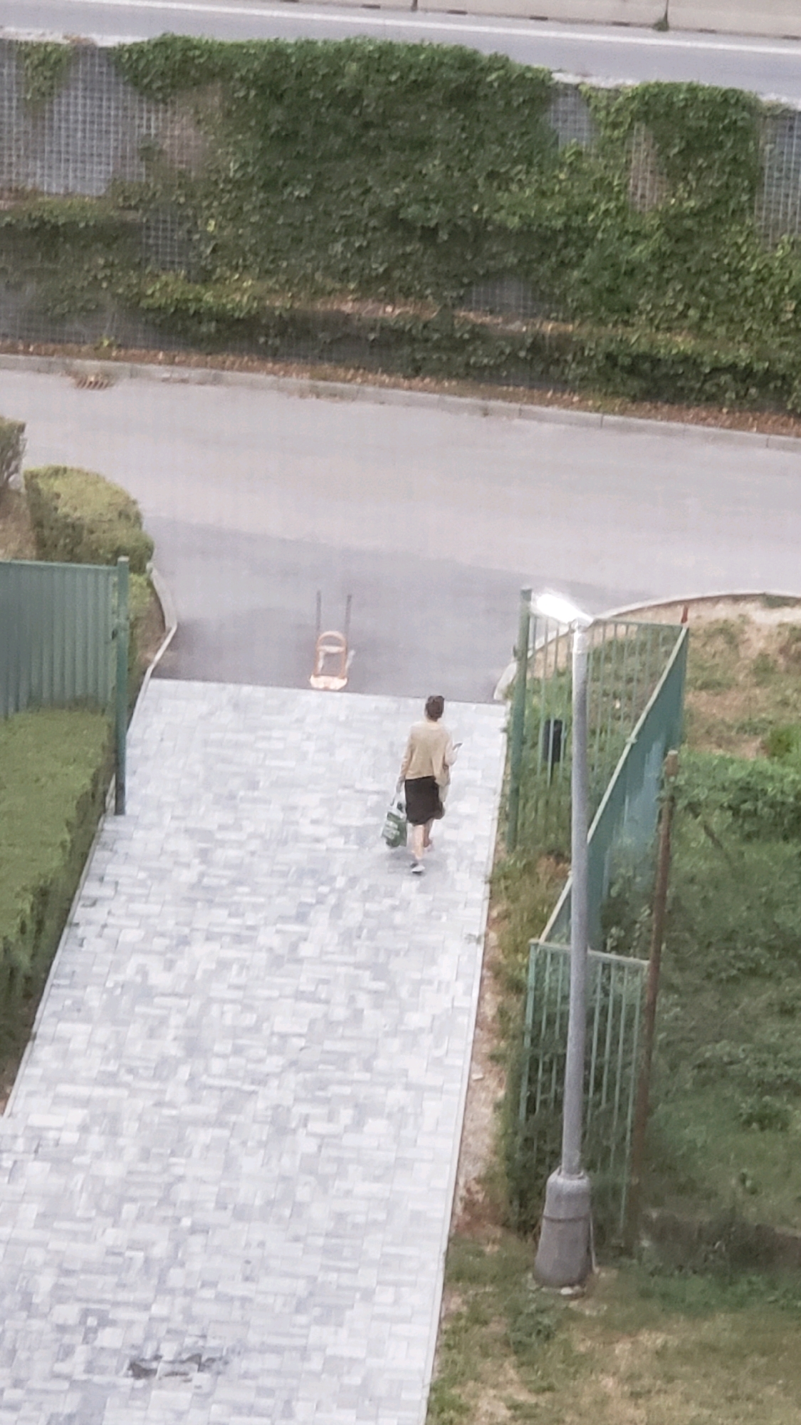 A person wearing a light-colored jacket and a dark skirt walks on a paved path. They are carrying a white bag with green markings and a light-colored object in their left hand. The person is facing away from the camera. In the background, there is a road with a white line marking. A small, orange, wheeled object is visible on the road. To the left of the path, there is a hedge. To the right, there is a green fence and a grey lamppost. The scene appears to be outdoors in a city environment, possibly Prešov, Slovakia, with urban infrastructure and greenery.